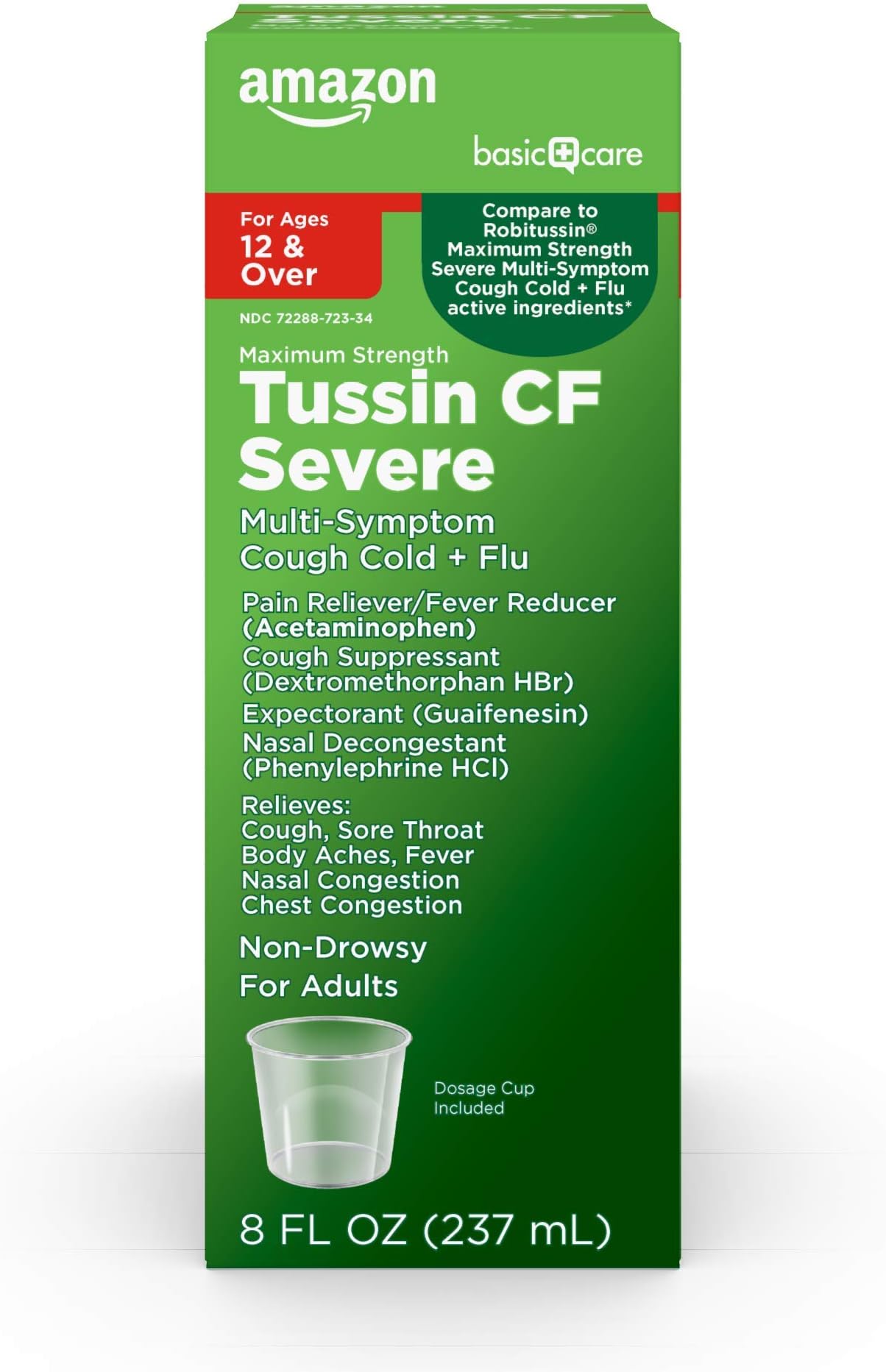 Amazon Basic Care Tussin Severe CF Max, Multi-Symptom Cough, Cold and Flu Liquid Medicine; Non-Drowsy; Relieves Cough, Sore Throat, Body Aches, Fever, Nasal and Chest Congestion, 8 Fluid Ounces