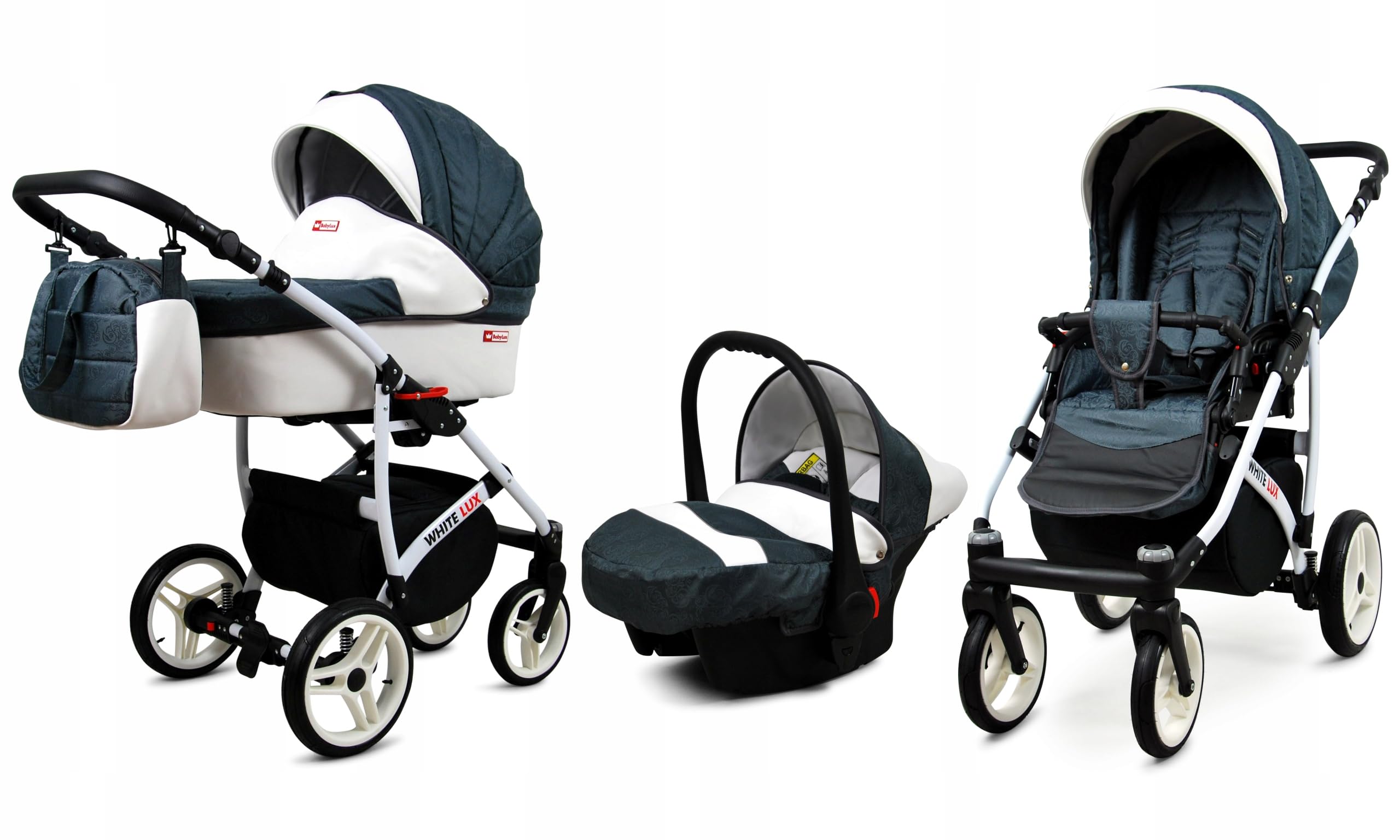BabyLux® Kinderwagen Set 3 in 1 - White Lux - incl. Babywanne, Buggy Sportsitz, Auto-Babyschale - Autositz - Kinderwagenset - Kombikinderwagen mit Wickeltasche, Regenschutz usw.
