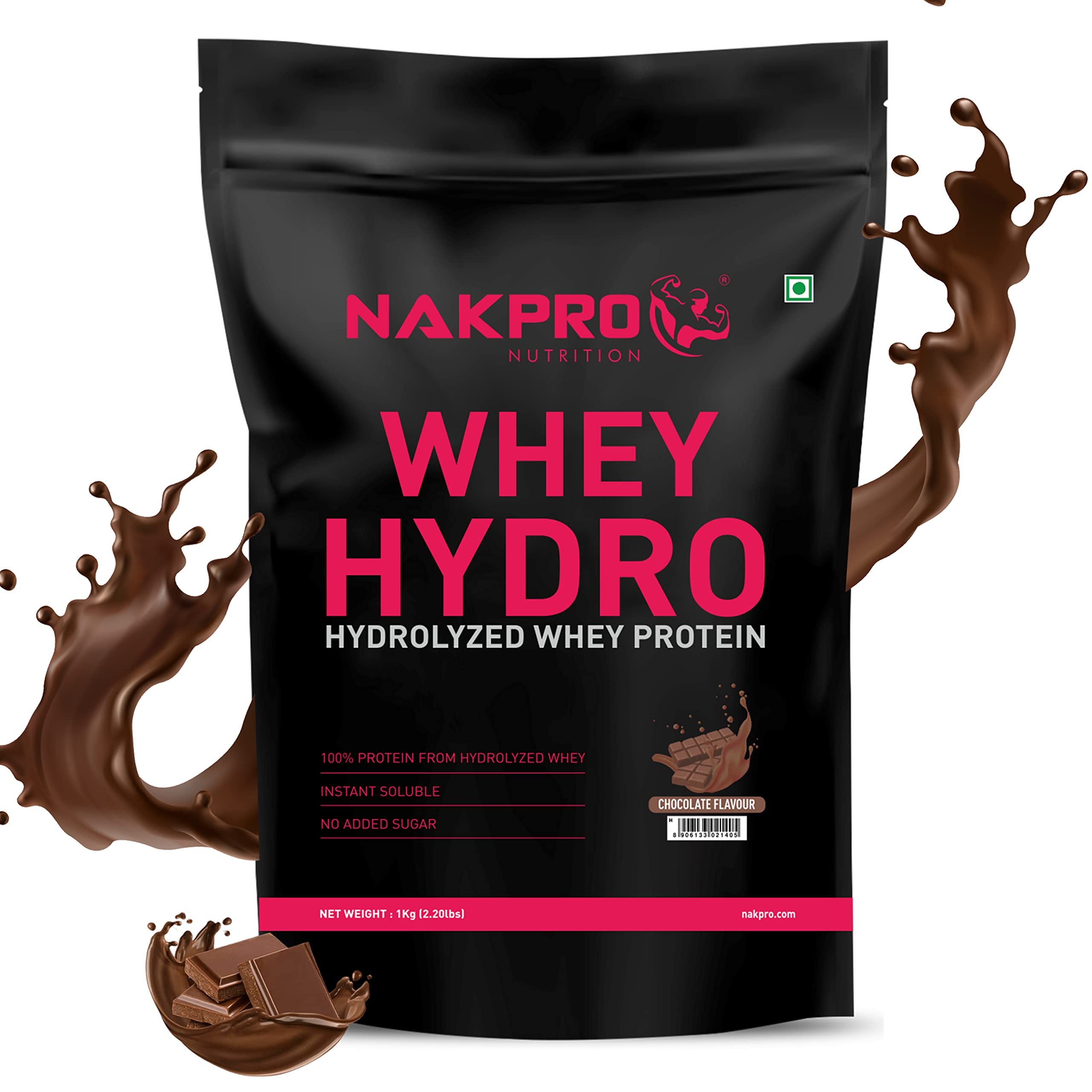 NAKPRO HYDRO Whey Protein Hydrolyzed | 24.89g Protein, 5.45g BCAA | Easy Mixing, Low Carbs, Easy Digesting Whey Protein Supplement Powder for Men, Women & Athletes | 1 Kg (Chocolate)