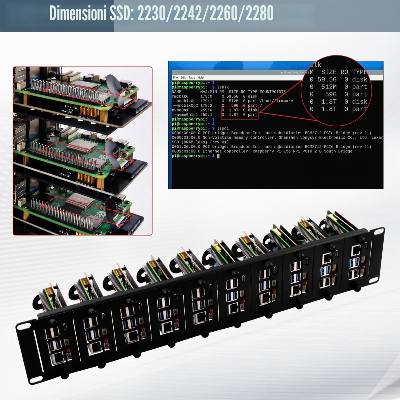 GeeekPi Supporto rack 2U da 19" per Raspberry Pi 5, con 10 adattatori SSD PCIe a M.2 NVMe, può contenere fino a 10 schede Raspberry Pi 5/4B, compatibile con server rack da 19"