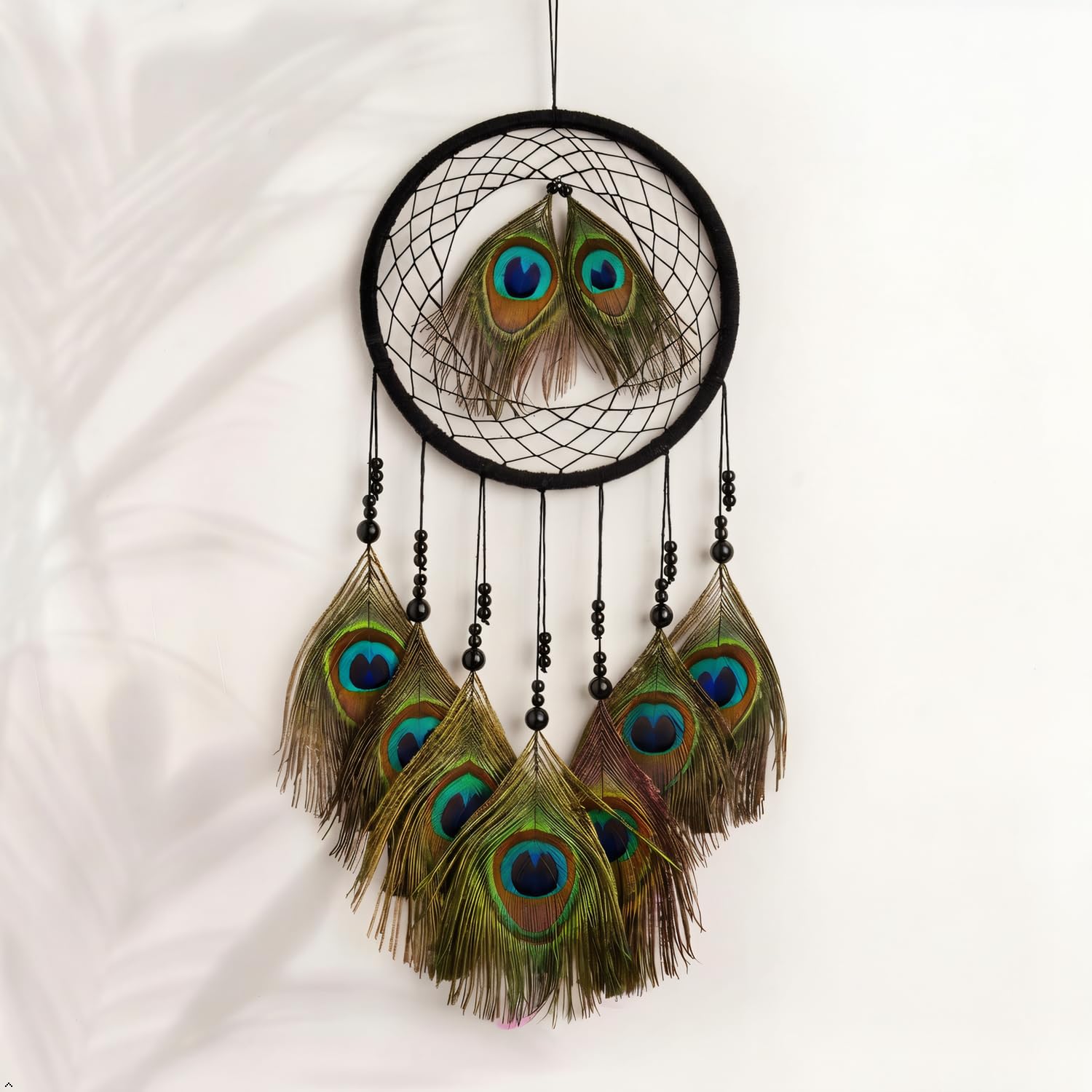 THE URBAN ARTISTIC Handcrafted Peacock Feather Dream Catcher Wall Hanging - Wooden, Bedroom Living Room Decor, Positive Energy, Multicolor Natural Feathers, Diwali Housewarming Gift, 45x18cm, Black