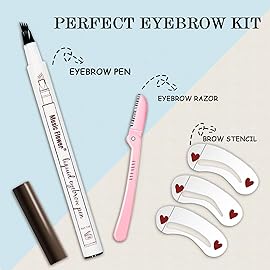 MoonKong Microblading Eyebrow pen, 4-Fork-Tip Eyebrow Pencil for women Waterproof Eye Brown Makeup, with 3 Eyebrow Stencil,1 Brow Razor(2 Brown)