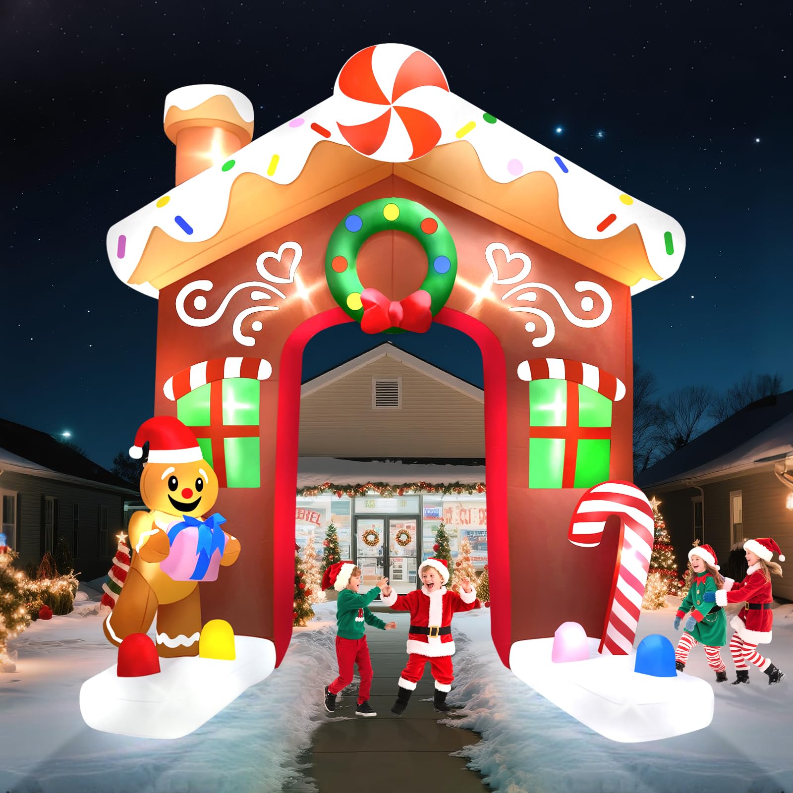 Kalolary 10 Fuß Aufblasbarer Weihnachtsbogen mit Lebkuchenmann Geschenken | Aufblasbarer Weihnachtsbogen Aufblasbare Weihnachtsdekoration für Draußen Zuhause Feiertage Garten Rasen Partyzubehör