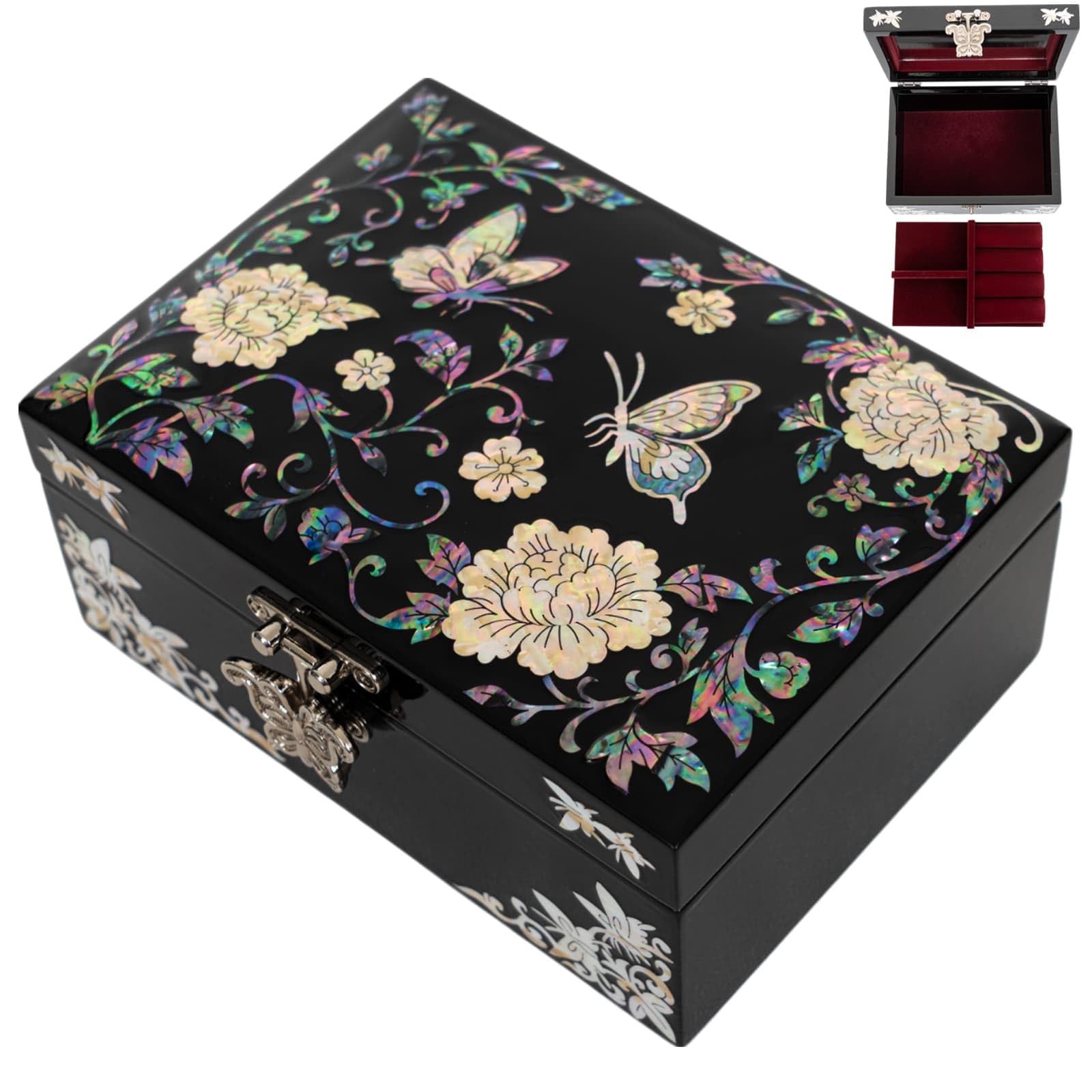 February Mountain Elegant Mother of Pearl Jewelry Organizer Box with Mirror Lid - Gifts for women birthday unique