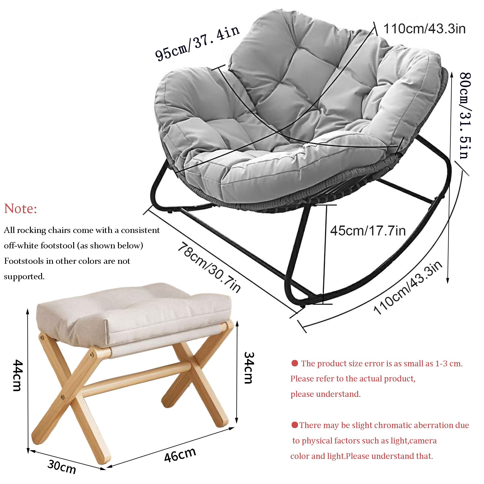 Ergonomiczny rattanowy fotel bujany z podnóżkiem, przytulna, gruba poduszka, do wnętrz, wiklinowy, do salonu, sypialni, kącika do czytania, wygodny i stylowy