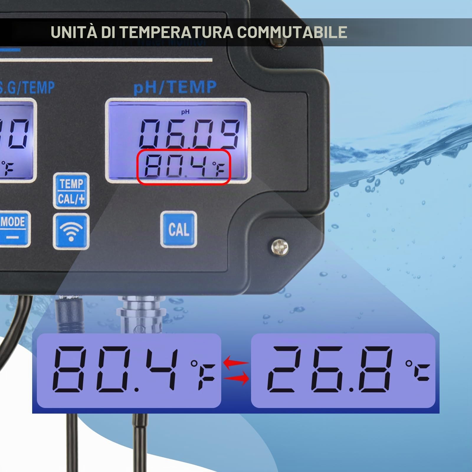 Test di qualità dell'acqua intelligente 6 in 1 – Monitor WiFi/App per pH, EC, TDS, Temperatura, SG & Sale | Avvisi in Tempo Reale | Perfetto per Idroponica, Acquari, Piscine & Acqua Potabile