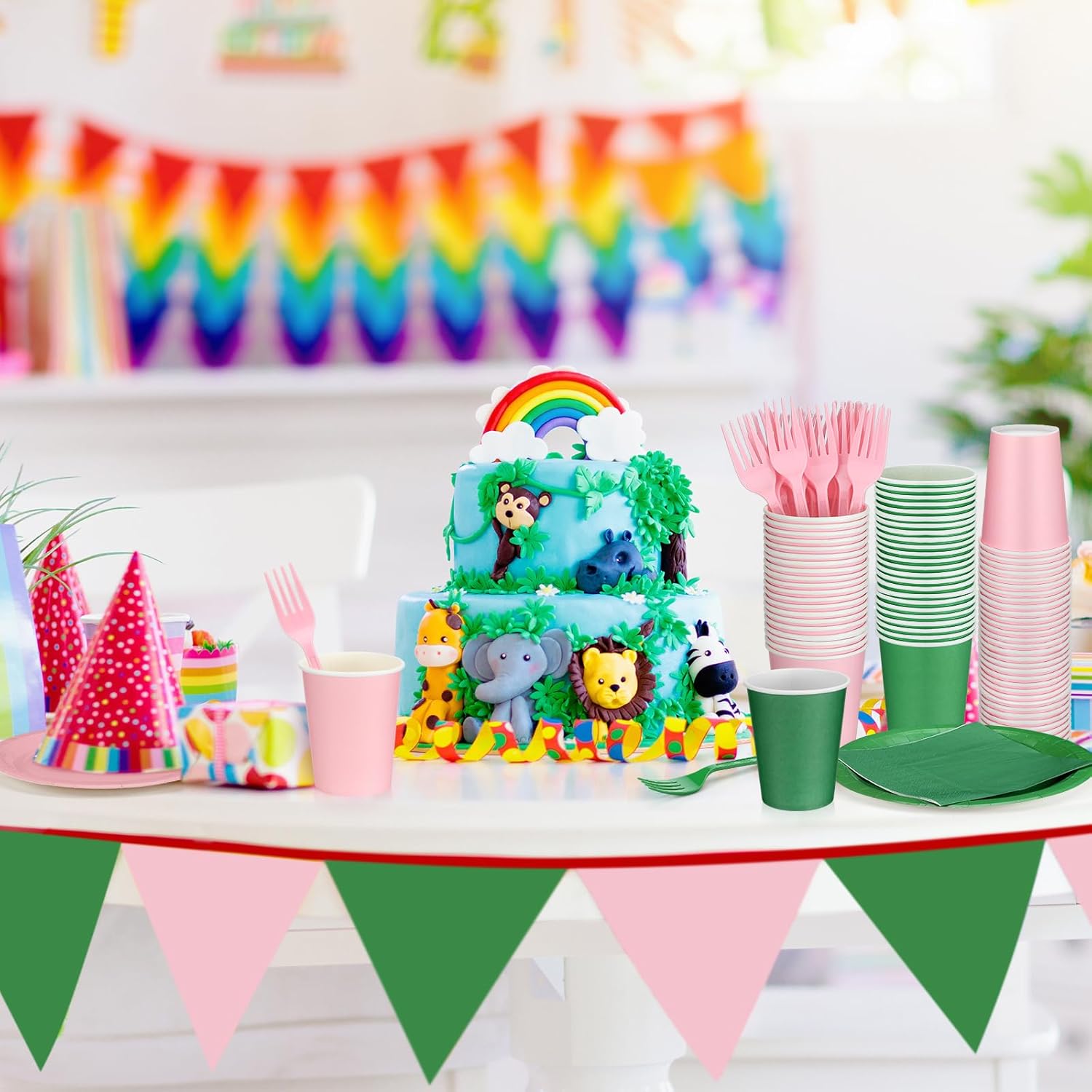 96 Sets/ 384 Pcs Green and Pink Witch Party Decoration Pink and Green Paper Plates Napkins Cups and Fork Decorations for Girl Birthday Decorations