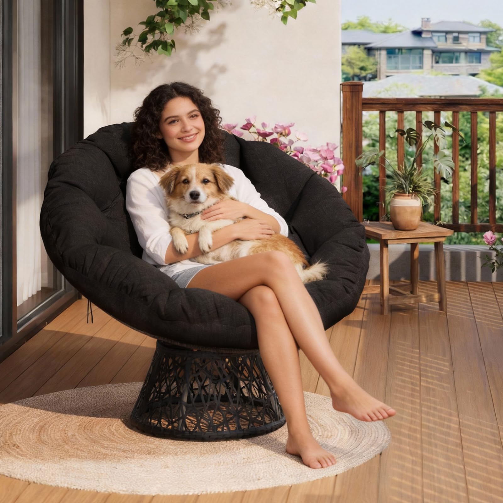 GarveeHome Ergonomischer Papasan Sessel aus Rattan mit dickem Komfortkissen, stabilem Stahlrahmen & 360° Drehfunktion – Perfekt für Wohnzimmer, Schlafzimmer, Leseecke oder Lounge