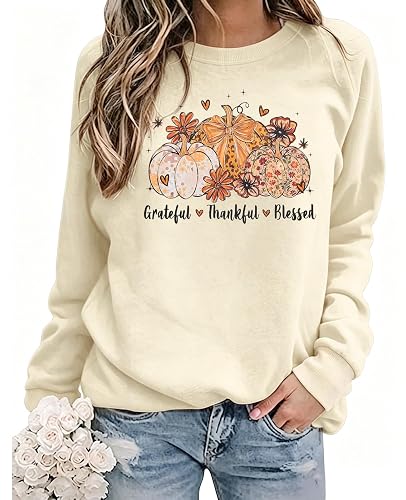Thanksgiving Sweatshirts for Women Pumpkin Gobble Thankful Long Sleeve Tops