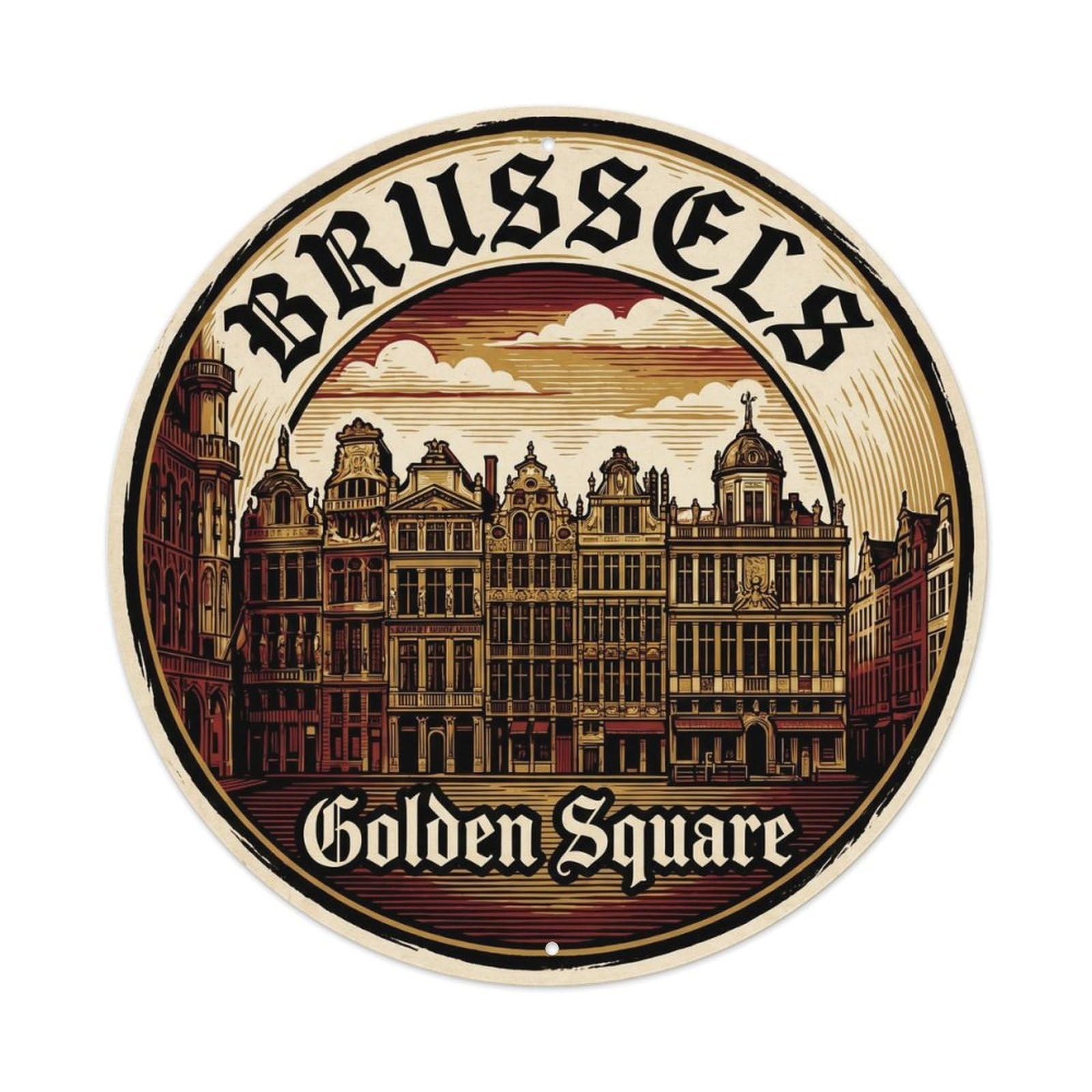 Yrnq Vintage Style Vintage Travel Golden Square Belgium Vintage Metal Tin Sign Plaque Wall Decor For Cafe, Club, Garden Round Metal Poster 8X8inch
