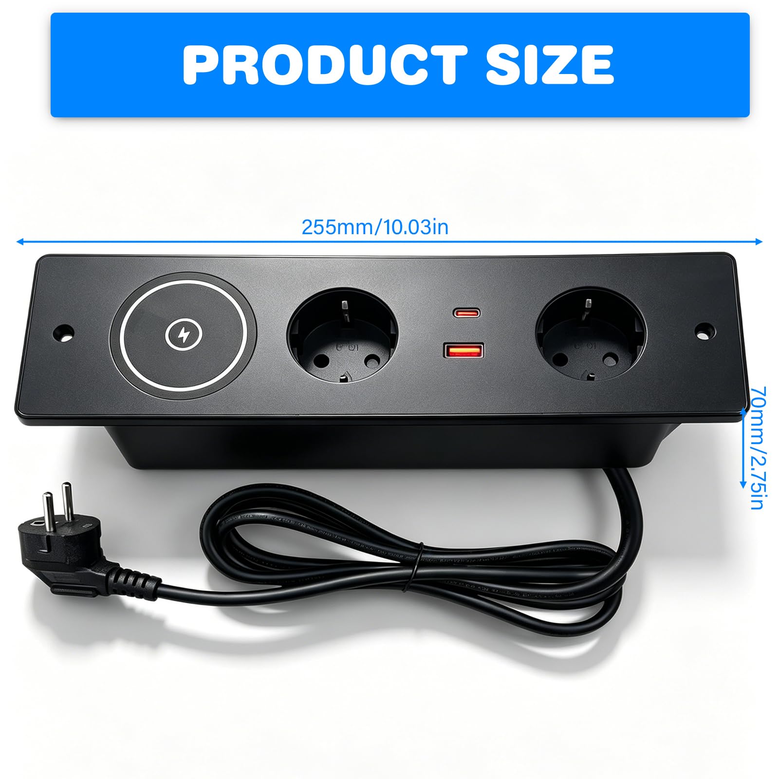 Wysuwane gniazdo wtykowe z 2 gniazdami USB C PD, 20 W i 15 W, bezprzewodowe ładowanie, do zabudowy, do biura, kuchni, kolor czarny, kabel 1,5 m