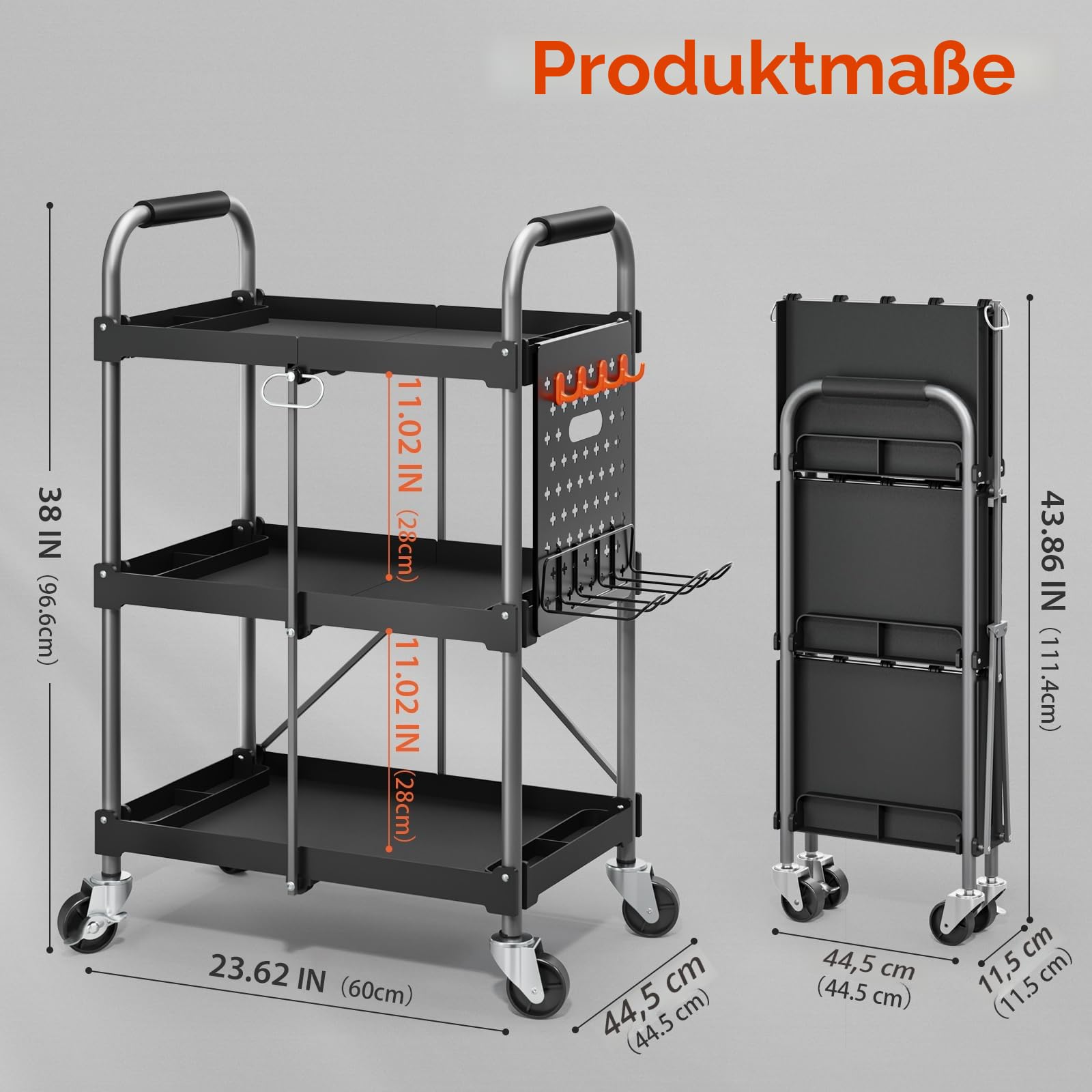KINGRACK 3-Ebenen servierwagen klappbar mit Rollen ergonomischem Griff, klappbar Allzweck-Dienstwagen mit Organizer-Regal, praktisch für Haushalt, Büro, Garage, Lager Reparaturwerkstatt, schwarz.