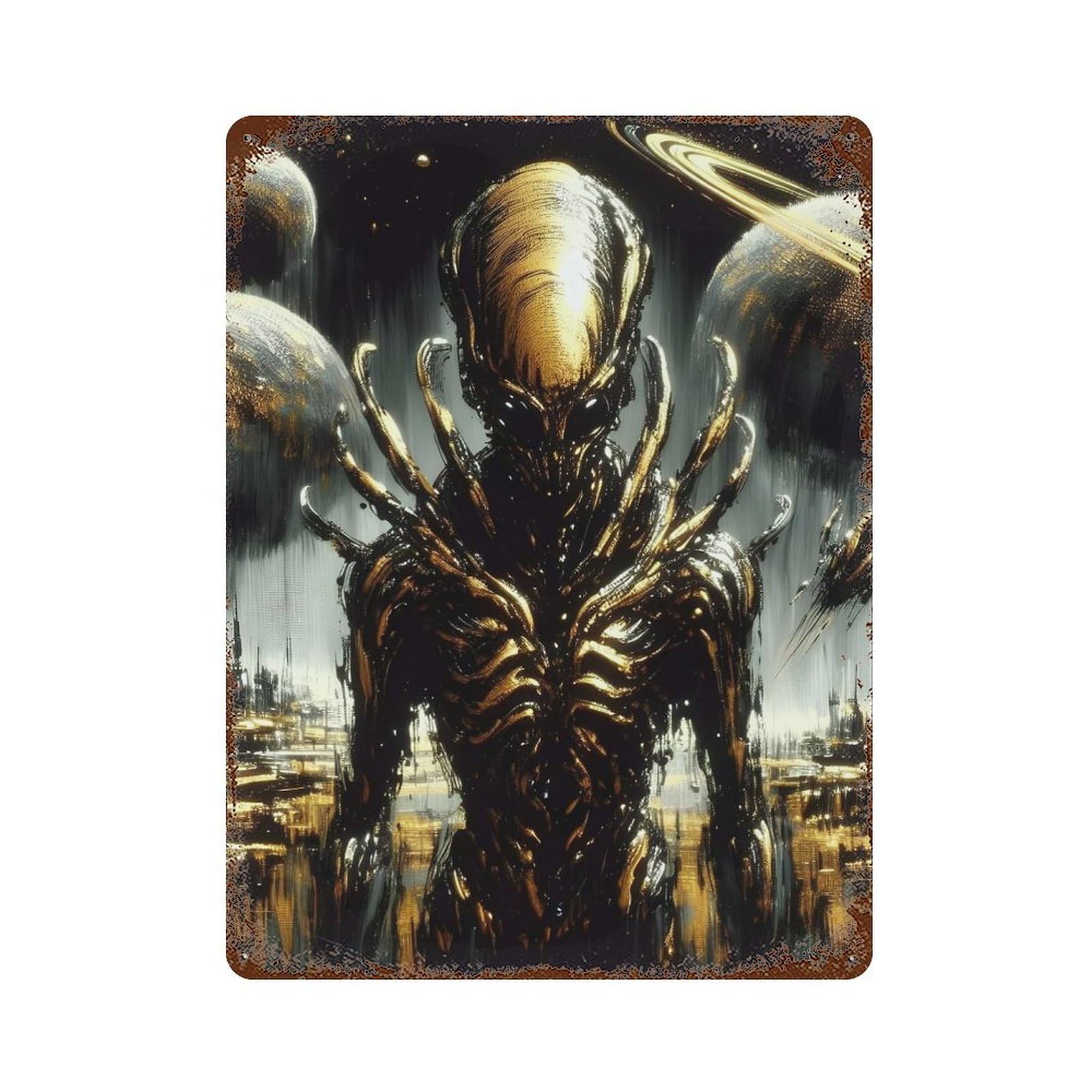 Golden Alien in Space Retro Metal Sign 15.7"x11.8", for Pub, Kitchen And Man Cave Decor, Retro Wall Decor