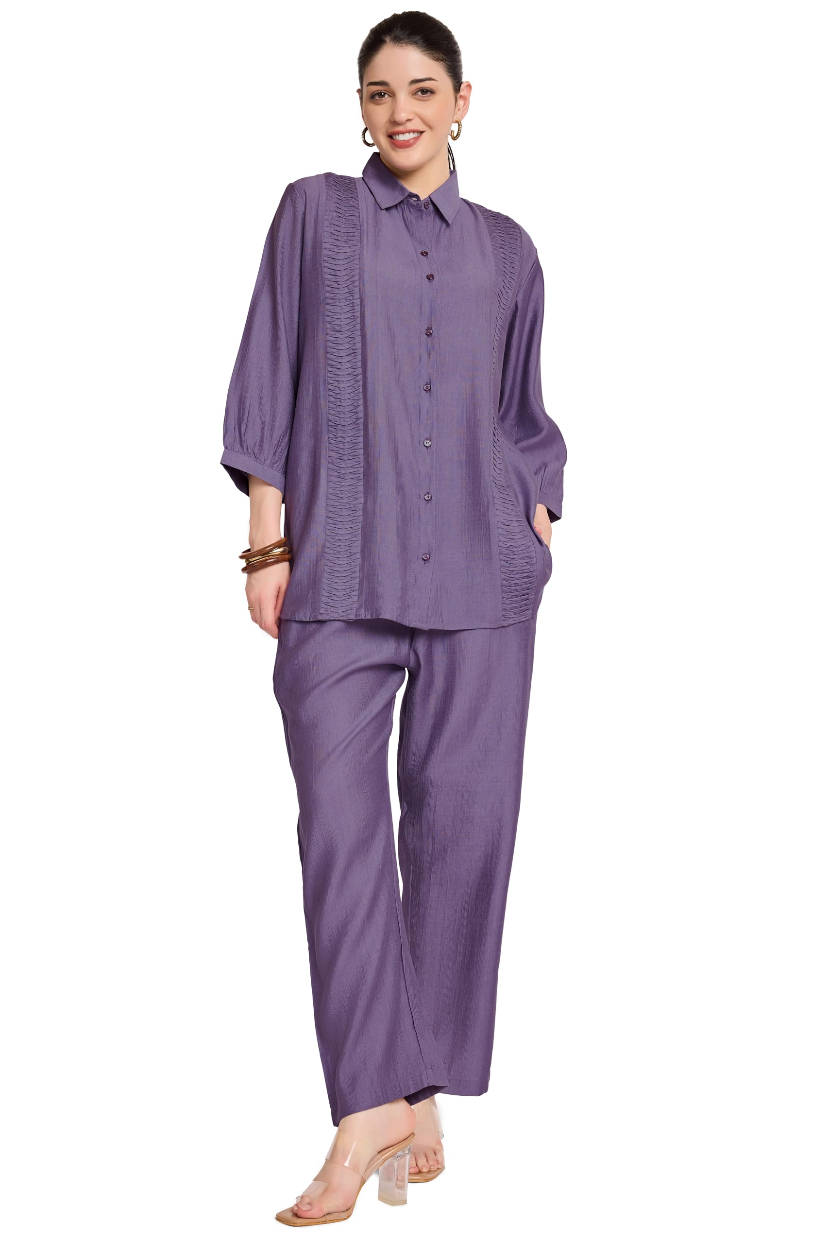Co ord Set for Women's Solid Viscose Night Dress of Shirt & Pajama Set-image-36