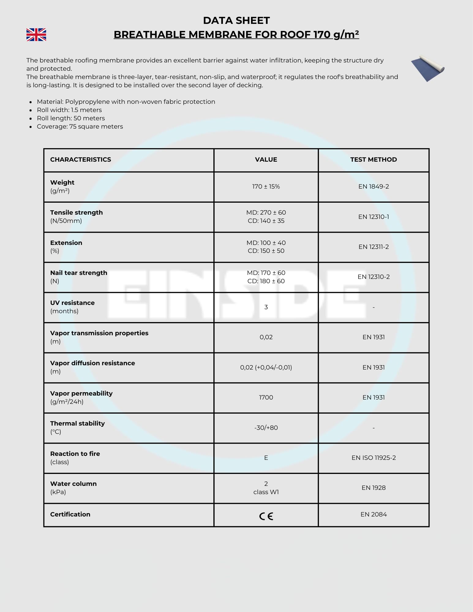 EINSIDE Telo membrana traspirante impermeabile tetto 170 g/m², 1,5x50 m | Copertura: 75 m², SD = 0,02 m, Class W1