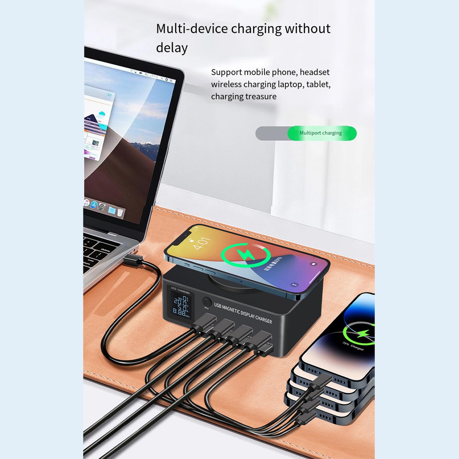 Ładowarka biurkowa 140 W Inteligentny wyświetlacz cyfrowy PD100W Szybkie ładowanie Nadaje się do telefonów komórkowych Notebook Ssanie magnetyczne Bezprzewodowe