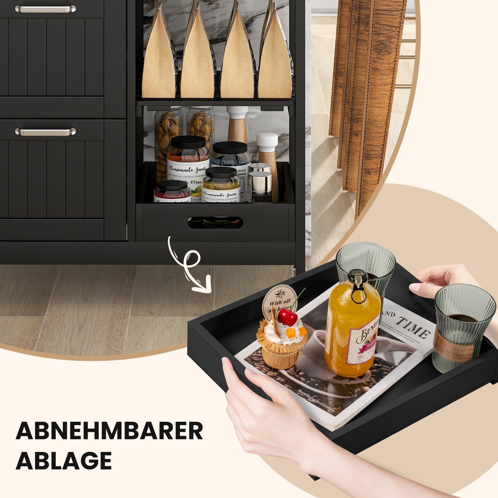 FANTASK Servierwagen mit Rollen, Küchenwagen mit Tablett, Regalen und 3 großen Schubladen, Beistellwagen Rollwagen aus Kautschukholz, 67 x 37 x 83,5 cm (Schwarz)