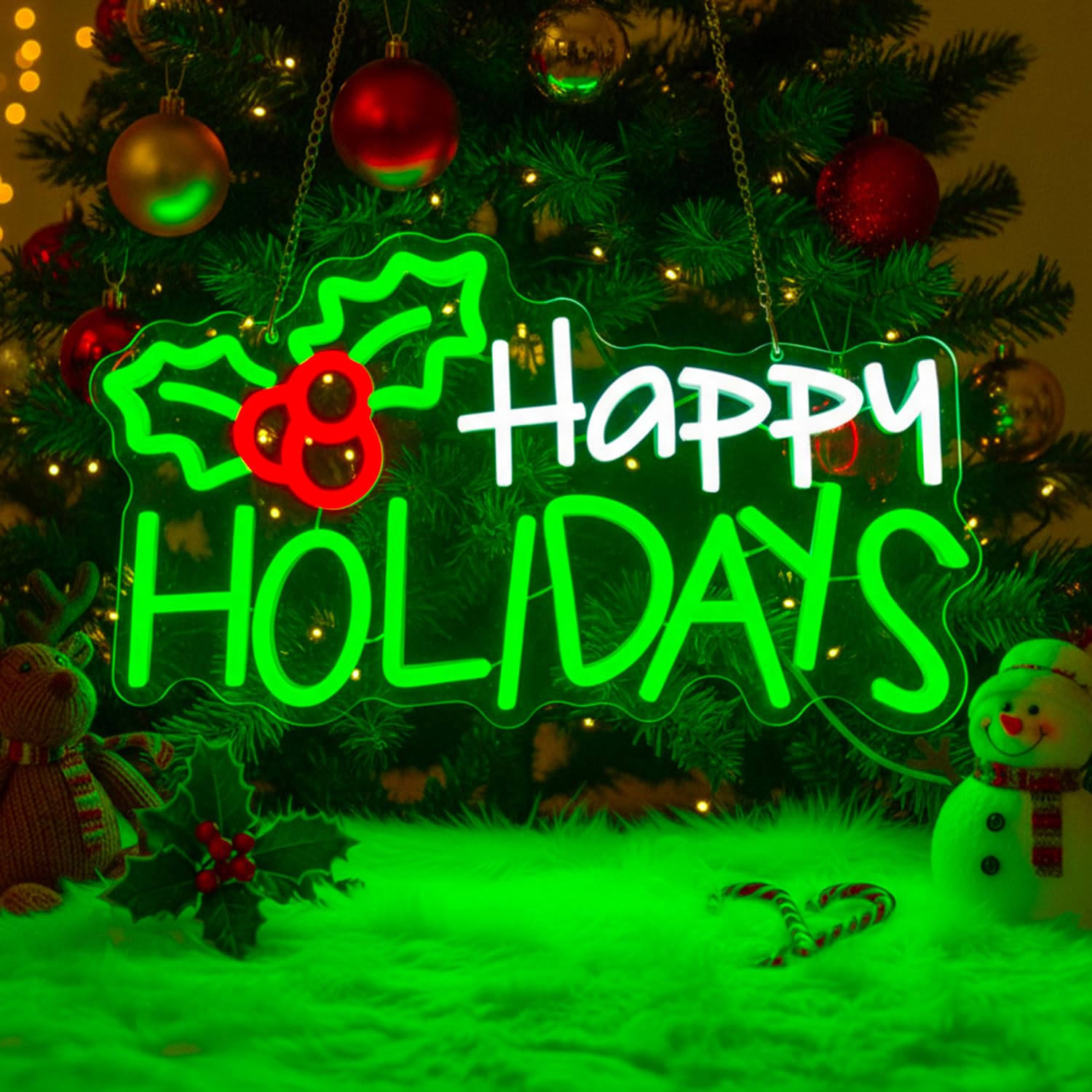 Lxmoneon Happy Holidays Neon Sign, Merry Christmas Neon Sign, Holly Berries Led Sign, Green White Christmas Neon Light for Bedroom Living Room Bar Shop New Year Festival Party Gift