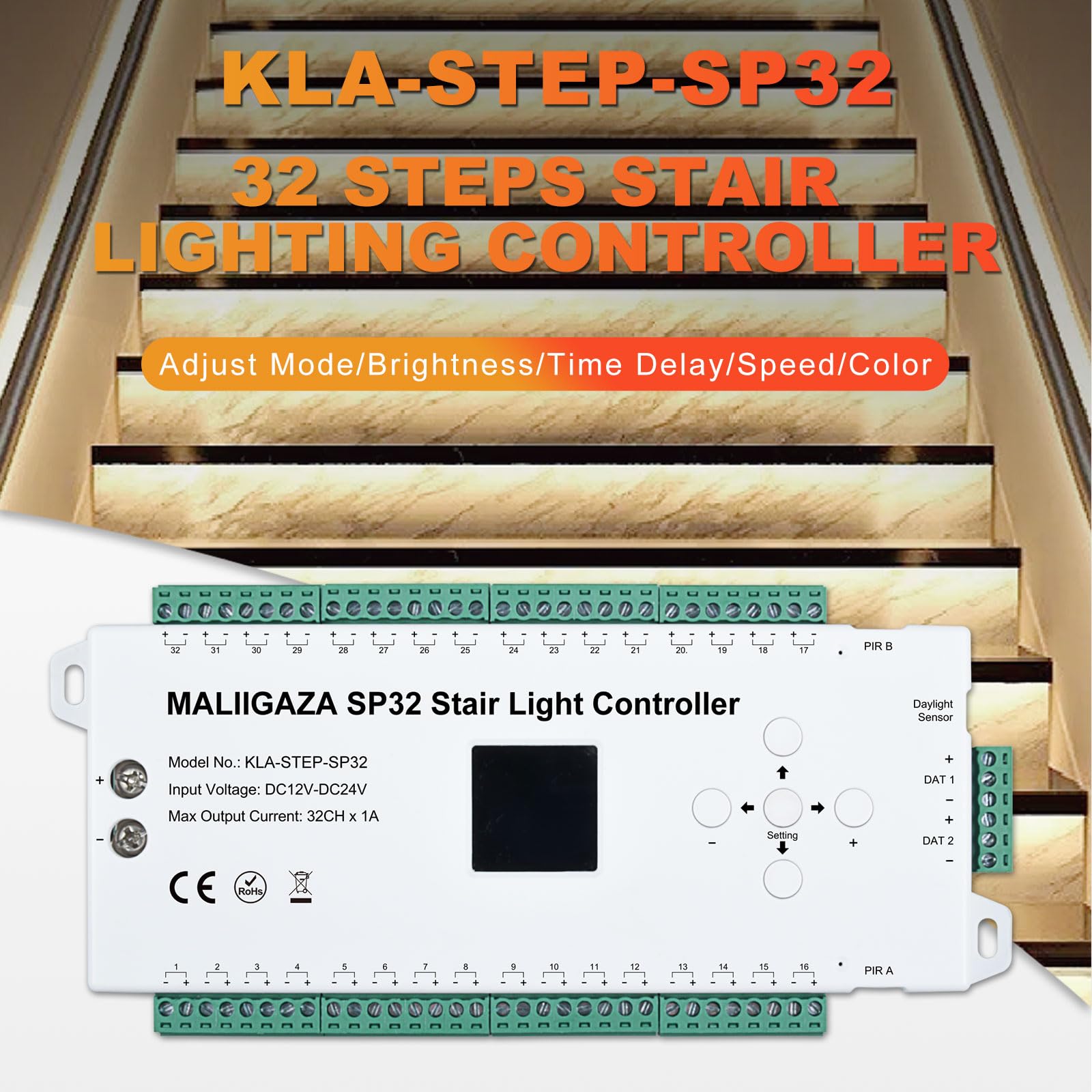 Sensore di movimento a LED per scale, 32 canali, sensore di movimento PIR dinamico per scale, luce di flusso automatico per scale, illuminazione per scale e gradini, illuminazione interna sotto le