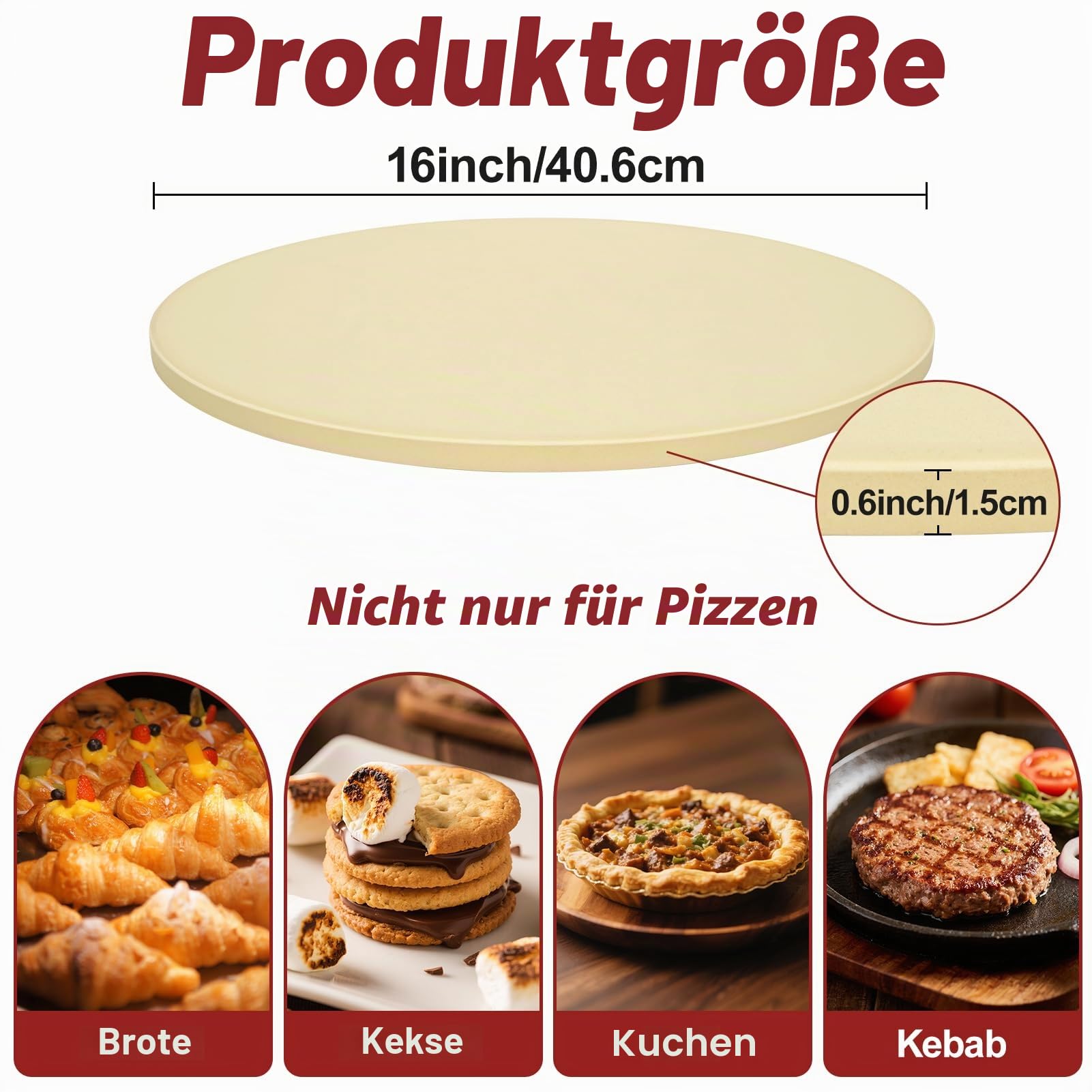 Runder Pizzastein für Grill und Backofen - 40,6 cm großer Backstein, robuster Cordierit-Pizzastein für Brot, Kekse, thermisch schockresistenter Grillen, Kochstein für die Herstellung von