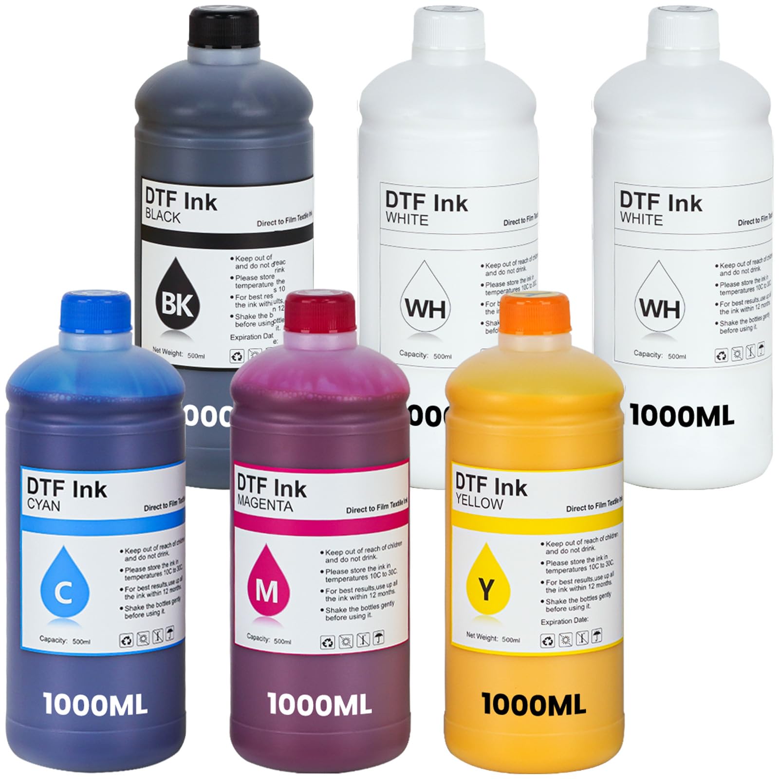 RumbaRex Premium DTF Ink 1000 ml, DTF Heat Transfer Ink Refill for et-8550 L1800 R2400 L800 DX5 DX7 5113 XP600 I3200 All DTF Printers 6-Pack (2White,