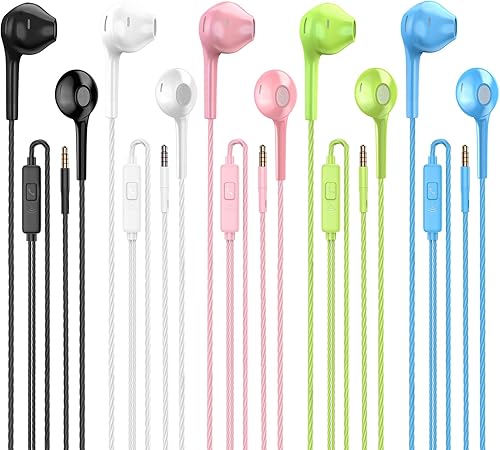 Auriculares con micrófono, paquete de 5, auriculares con cable con aislamiento de ruido, auriculares con potente estéreo de graves pesados,