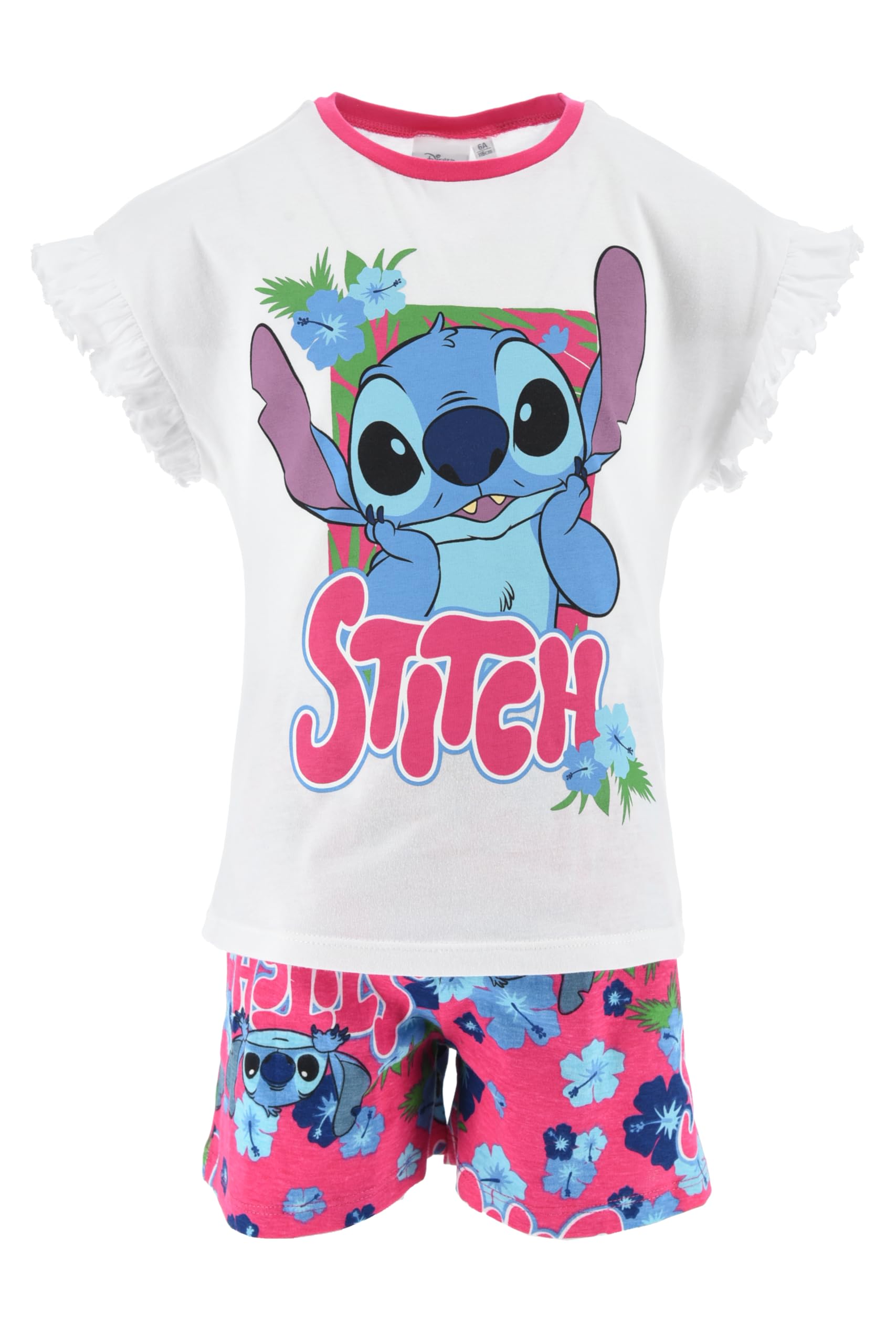 Disney Stitch Camiseta y Pantalón Corto para Niña, Pijama Algodón Suave, Tropical' Stitch Conjunto 2 Piezas Verano, Tallas 6 a 12 Años