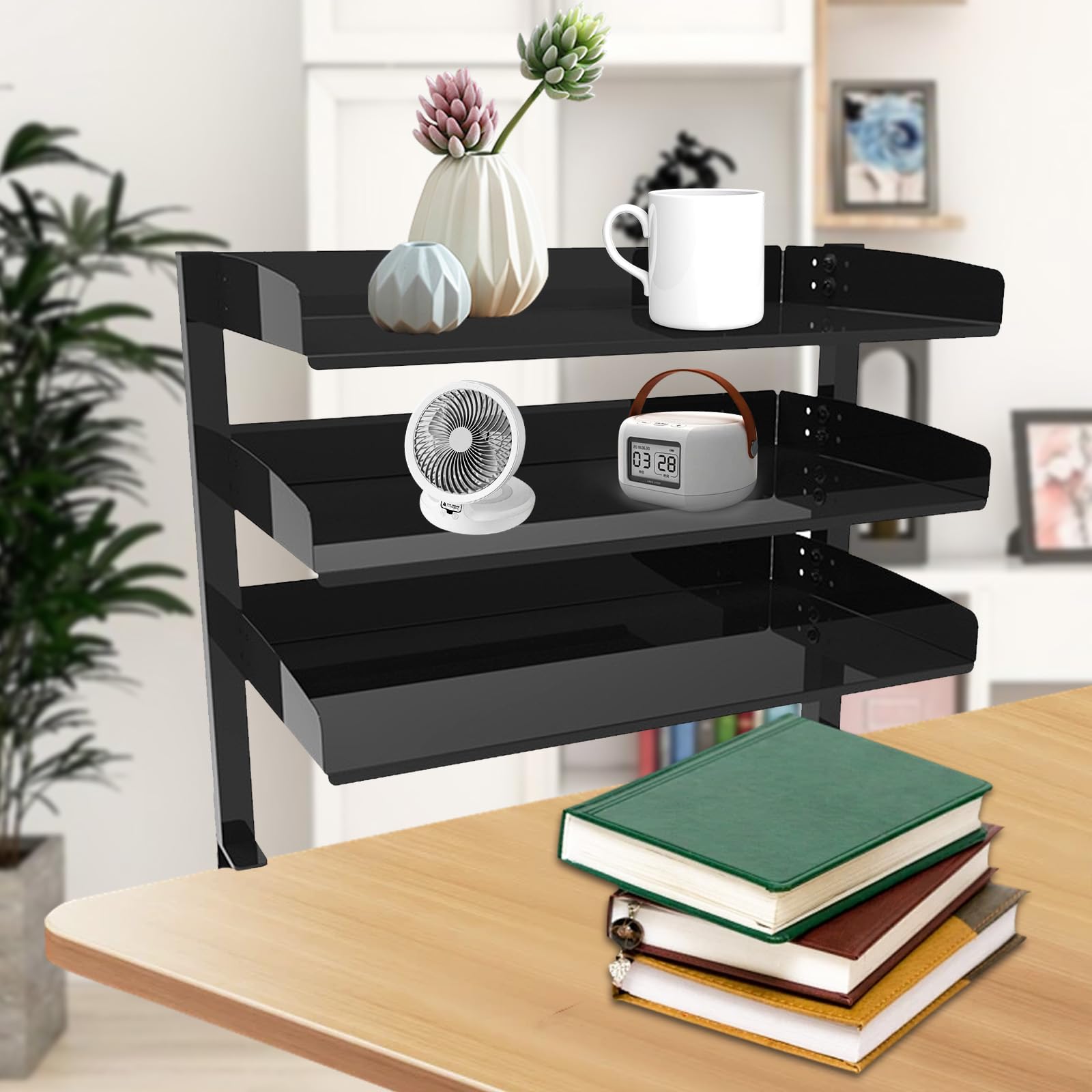 Étagère de bureau à clipser - Cadre de table à 3 niveaux - Noir - Pour la maison, le bureau et l'école (44 x 22 x 39 cm)