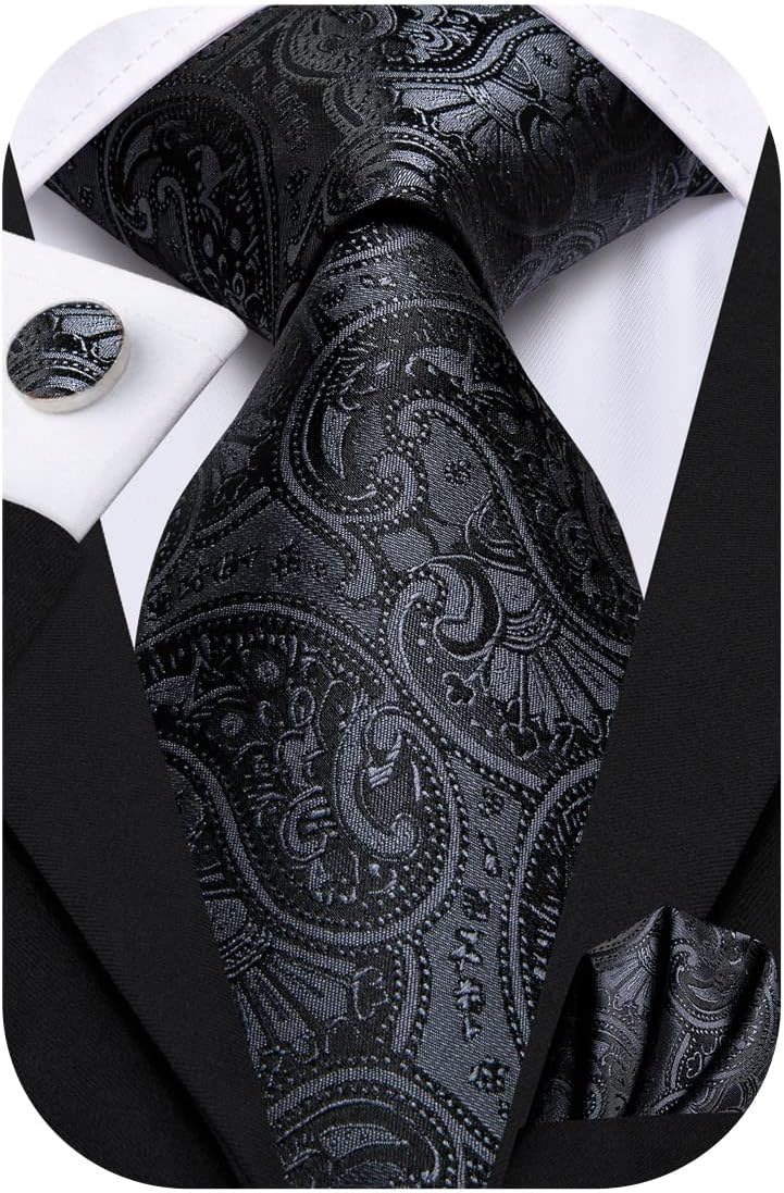 Hi-Tie Paisley Floral Ties Set for Men Silk Mens Stripes Necktie Pocket Square Cufflinks Set Formal Business