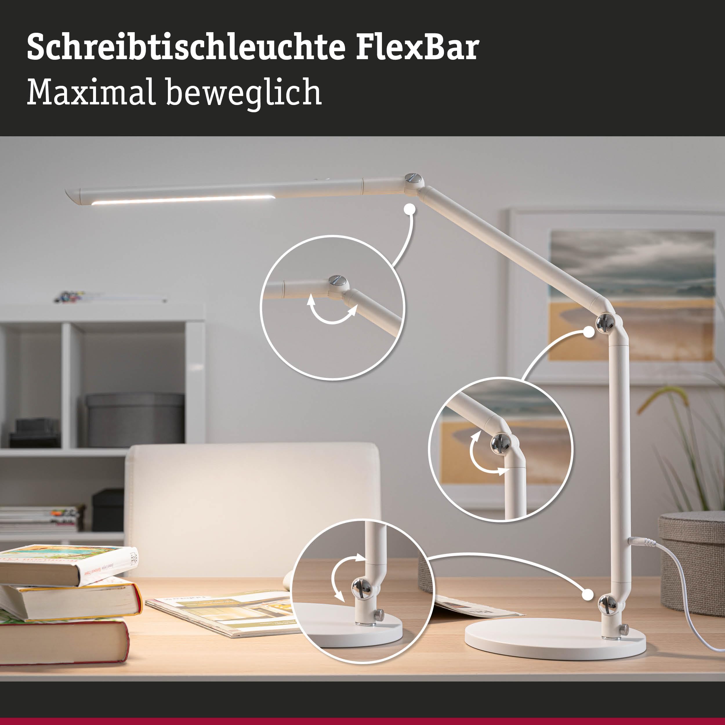 Paulmann 78911 LED Schreibtischleuchte FlexBar White Switch Tunable White incl. 1x10,6 Watt dimmbar Assistenzleuchten Weiß Tischleuchte 3000 K