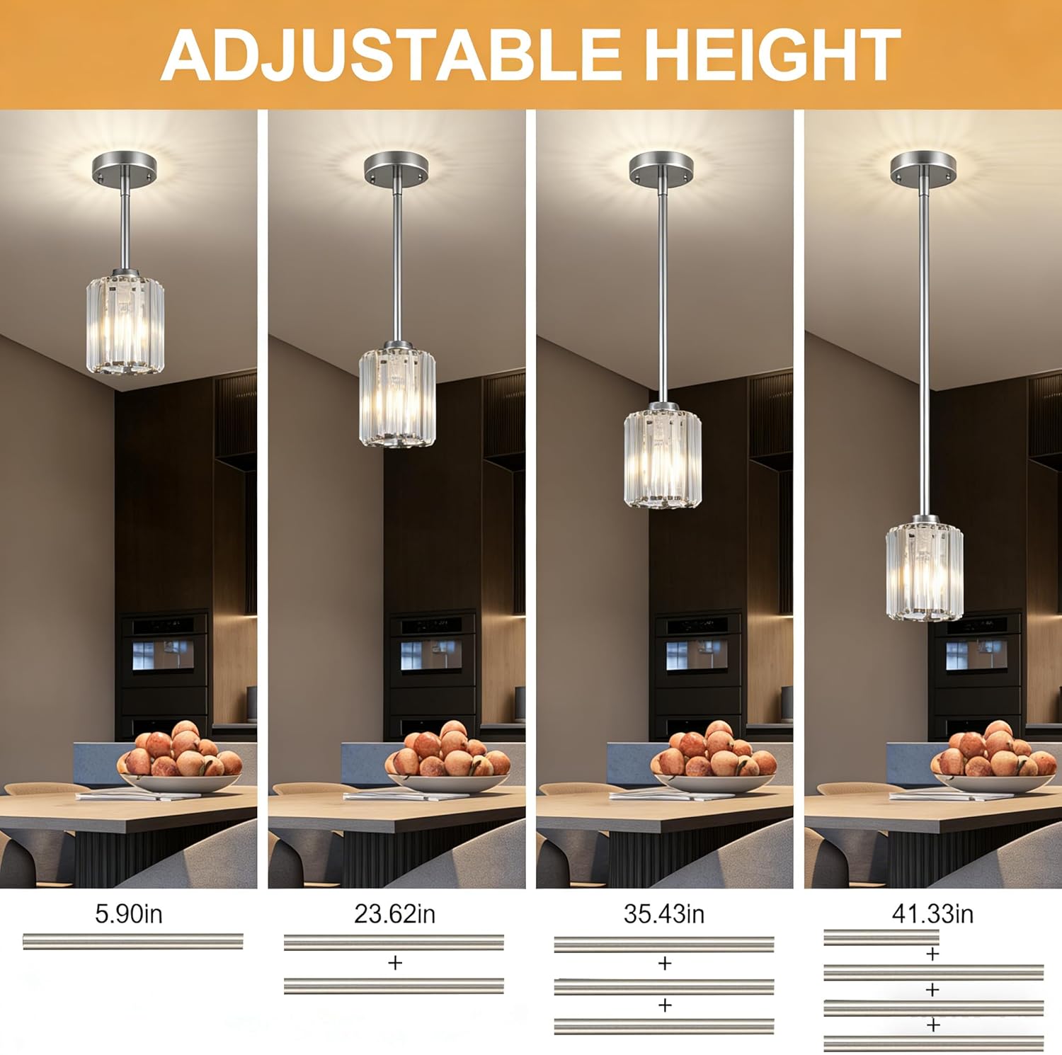 Pendant Lights Kitchen Island 3 Pack, Adjustable High Brushed Nickel Modern Crystal Mini Chandelier Ceiling Hanging Pendant Light Fixtures for Kitchen Hallway Dining Room Bedroom