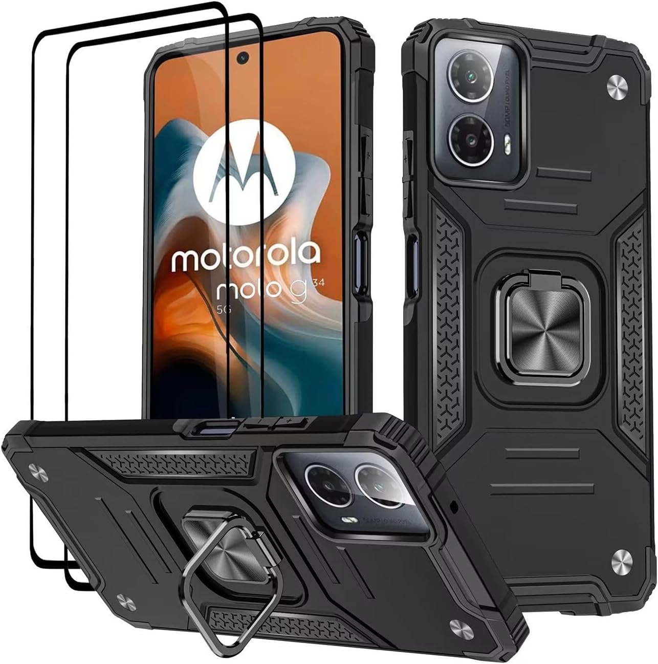 Case for Motorola Moto G34, Tempered Glass [2 Pack] Protective Silicone TPU Shockproof Tough Armor Hard Cover - Black