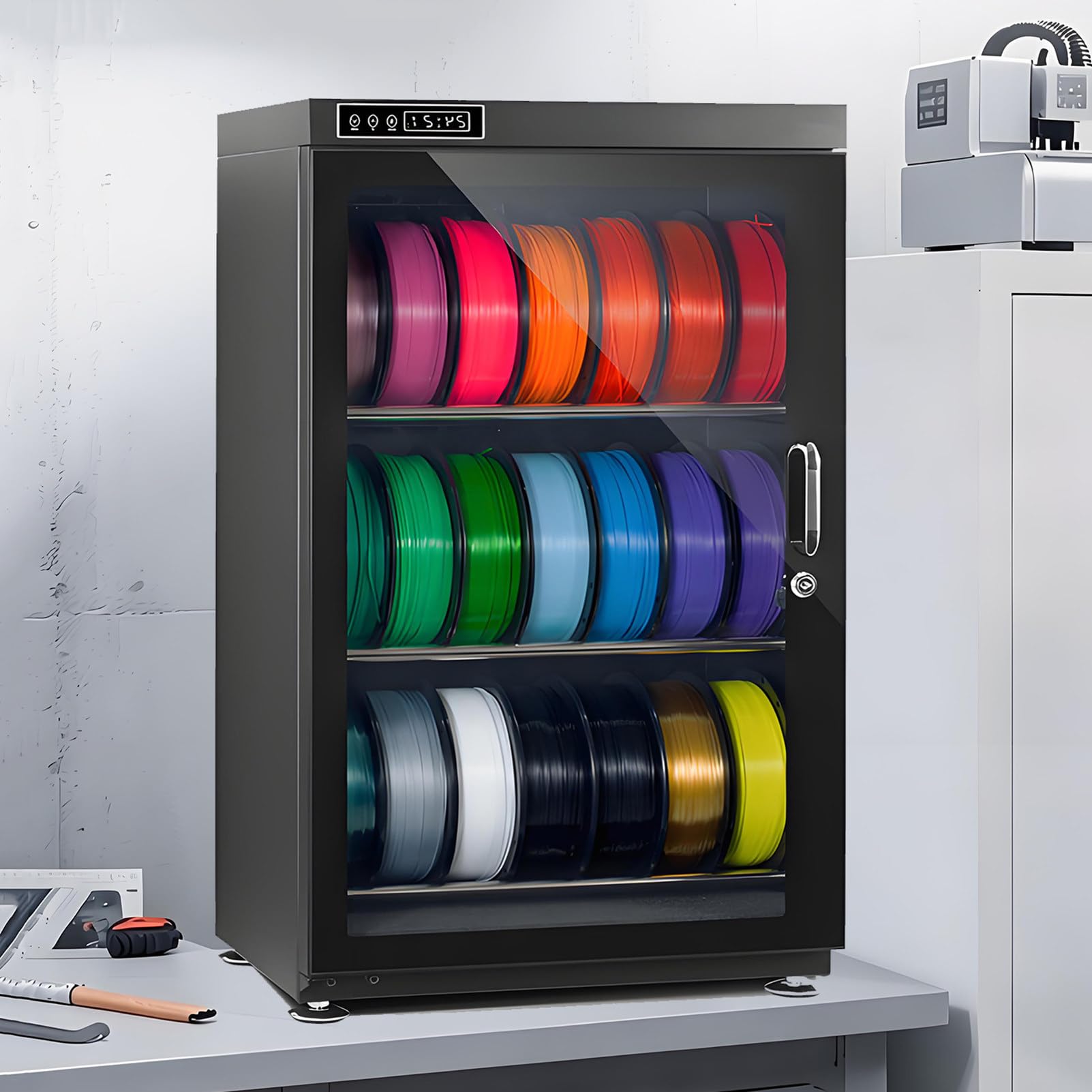 Séchoir à Filament d'impression 3D, Etagère de Rangement Scellée pour Déshumidification avec Ecran LCD, Contrôle de L'humidité, 10 a 12 Ou 15 a 21 Bobines de Filament, pour Pla ABS 3Tier