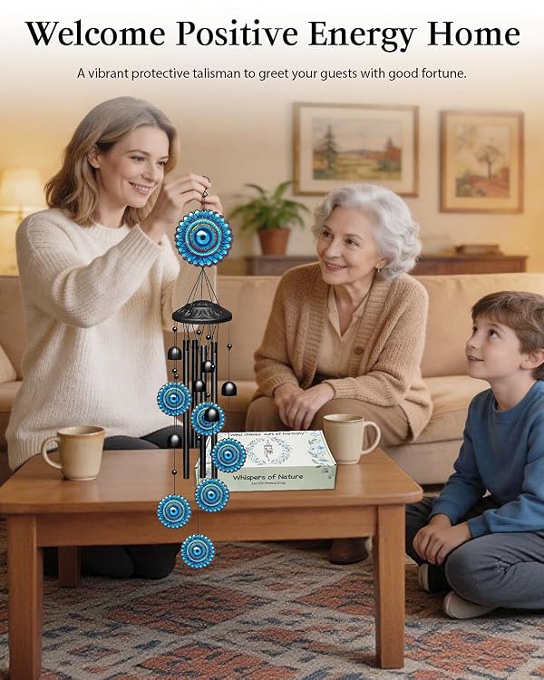Evil Eye Wind Chimes for Outside Boho Decor, Large 35.4" Anti-Tangle Clapper-Free Tube Windchime, Radiant Sunflower Mandala Patio Ornament, Soothing Melodic Metal Bells for Garden, Yard, Balcony by SAC SMARTEN ARTS - Used condition - Image 9