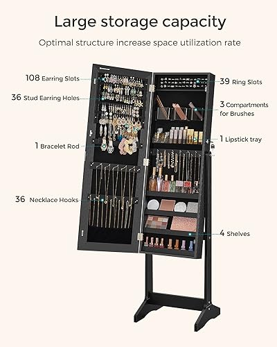 Miniatura 4 de SONGMICS - Armario de joyería, unidad organizadora de almacenamiento con cerradura independiente, con 2 espacios de almacenamiento de cosméticos de