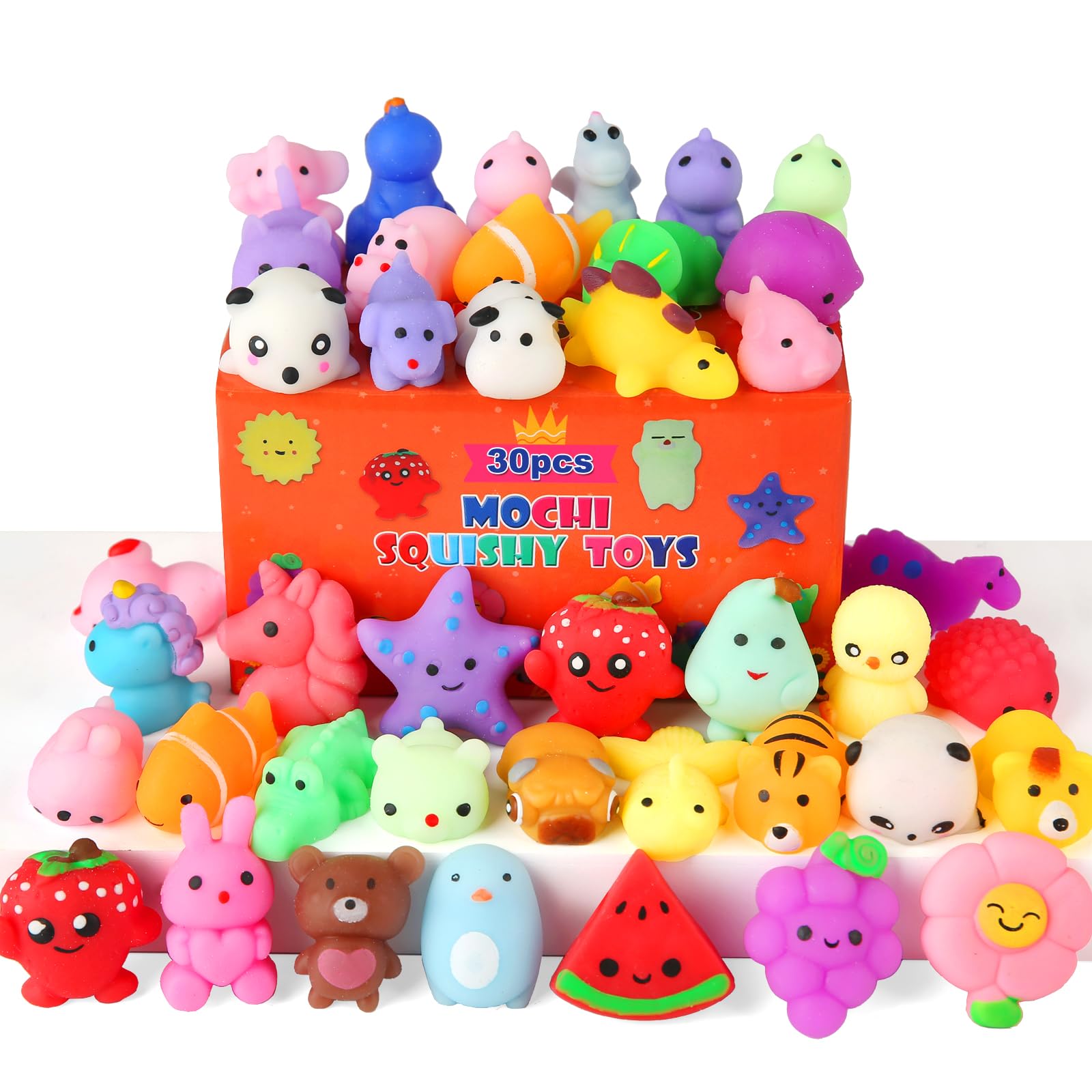 Mantyplay 30 Pack Kawaii Squishies, Animal Themed Squishy Toys, Ages 4-8, 8-12, Multicolor (Red, Yellow, Blue, Green), Squeeze Toys, Party Favors, Classroom Prizes, Stress Relief