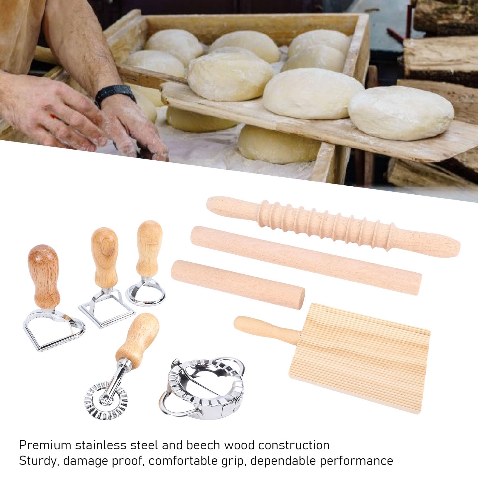 9-teiliges Werkzeugset Zur Herstellung von Gnocchi-Nudeln, Raviolischneider aus Edelstahl mit Rollenstift aus Buchenholz, Sichere Versiegelung für Hausgemachte Nudeln Knödel