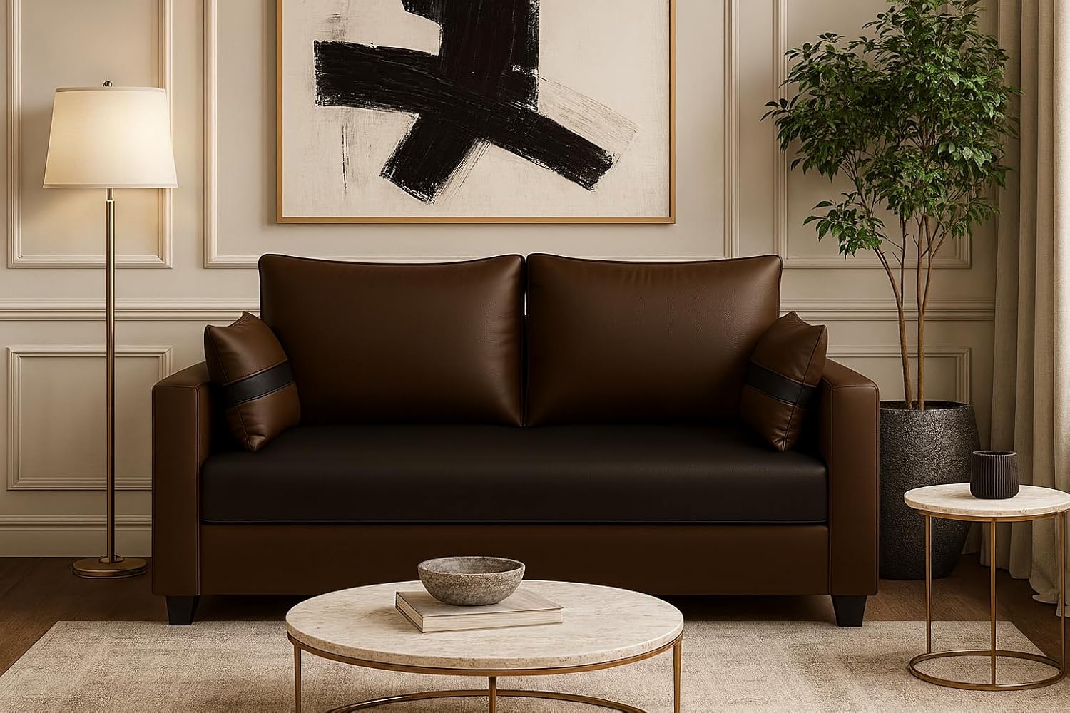 Sorvik 2 Seater Sofa Set | Premium Leatherette Upholstery | Modern Design | Plush Comfort Cushions for Living Room (Dark Brown-Black) Sorvik 2 Seater Sofa Set | Premium Leatherette Upholstery | Modern Design | Plush Comfort Cushions for Living Room (Dark Brown-Black)