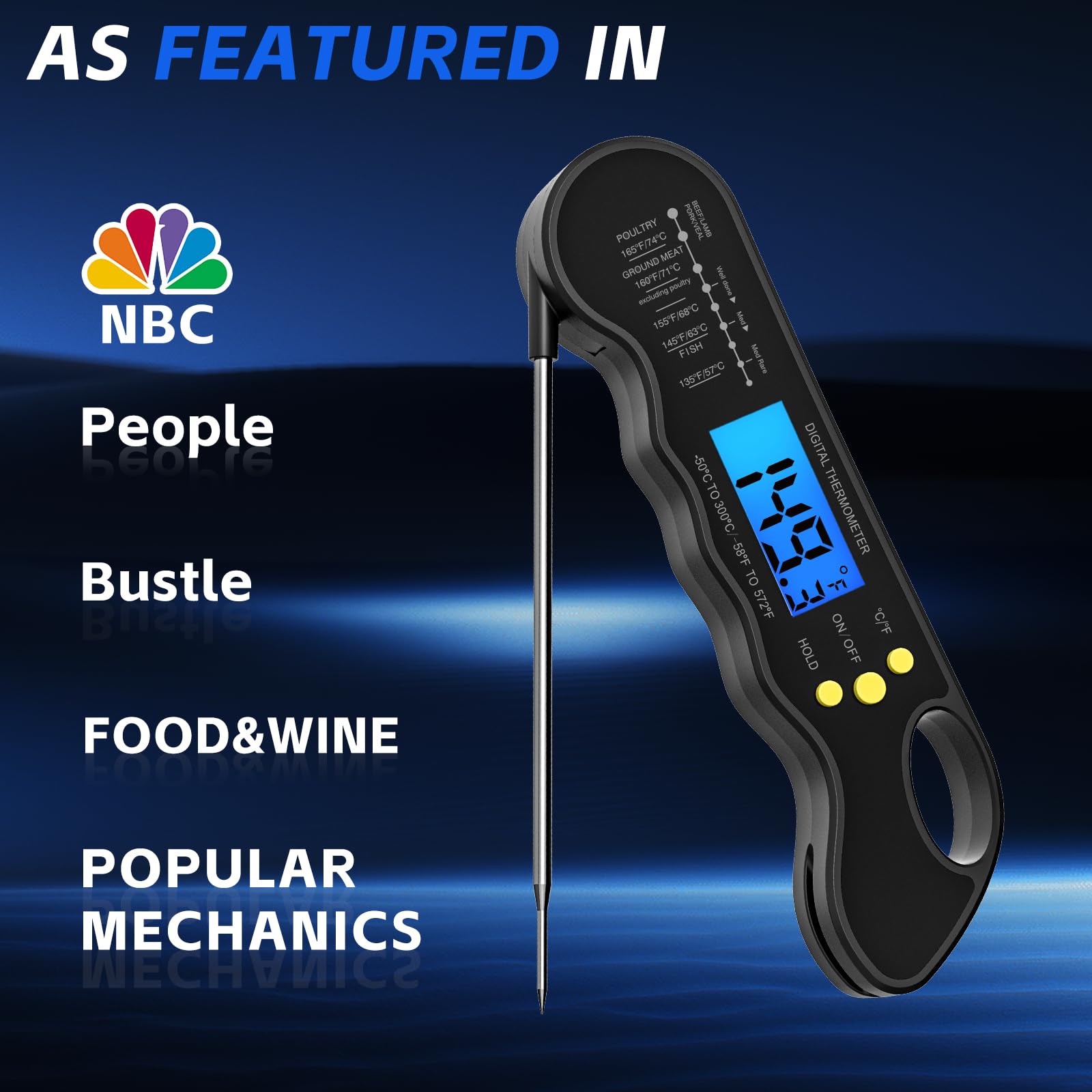 trausi instant read meat thermometer fast  accurate digital food thermometer with backlight waterproof  magnet for grilling cooking bbq smoker baking and candy making black