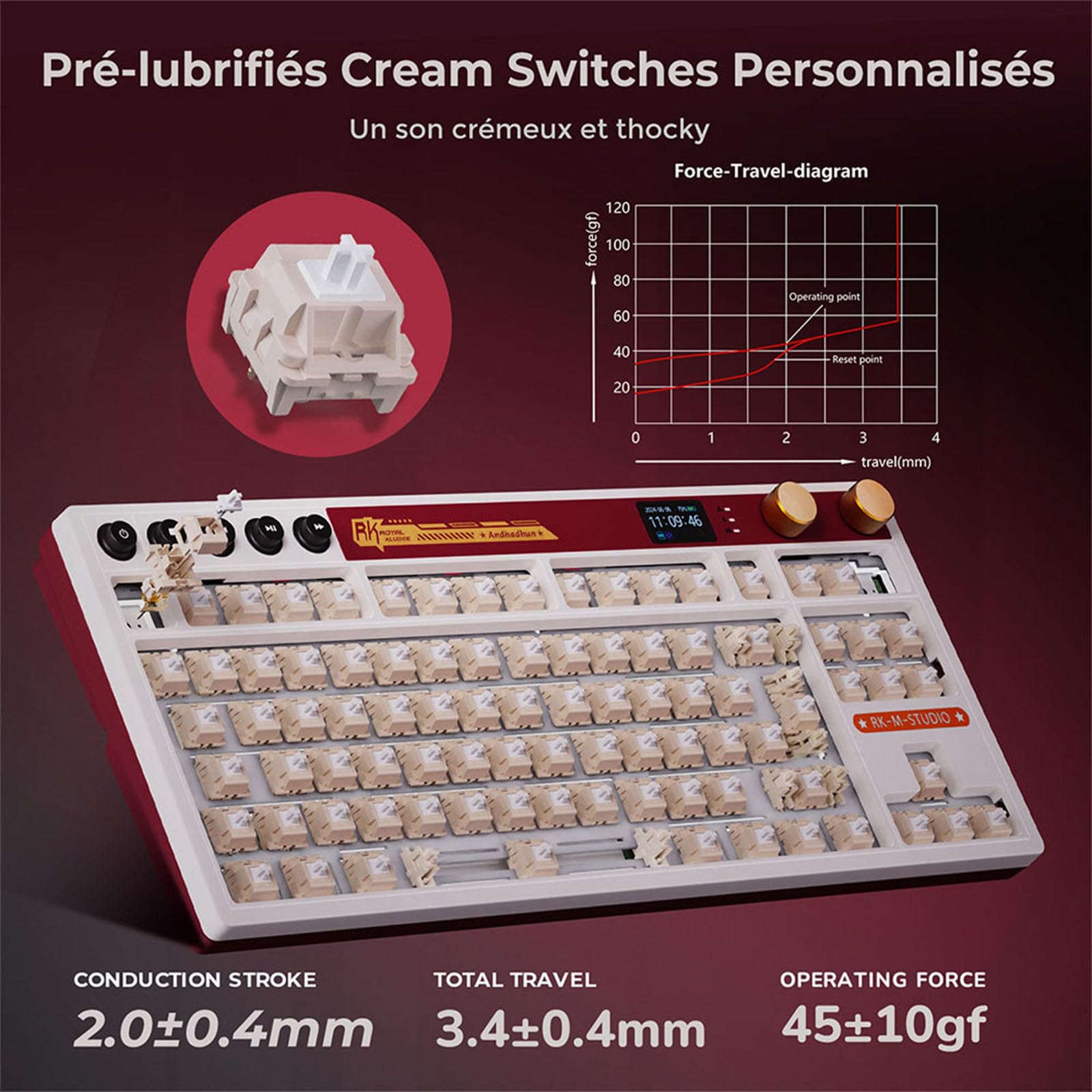 RK ROYAL KLUDGE M87 Clavier Mécanique AZERTY, 75% Gasket Clavier Sans Fil Gamer Tir-Mode, avec intelligen écran and Deux boutons, RVB Backlit, Clavier TKL Hot-swap, batterie 7500mAh, Cream Switch