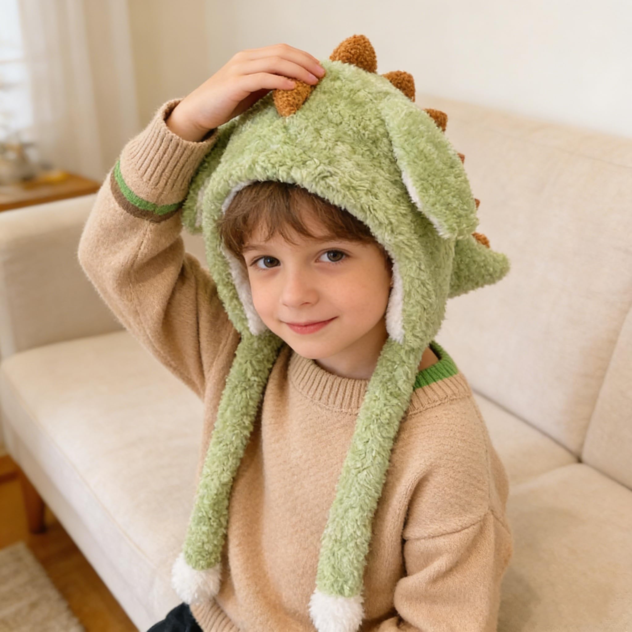 XINGYAOGJ Animal Plush Hat with Moving Ear Winter Cute Furry Dinosaur Hat Adult Warm Soft Plush Cartoon Jumping Ears Cap Gift for Halloween Christmas Cosplay Party Headwear - Image 3