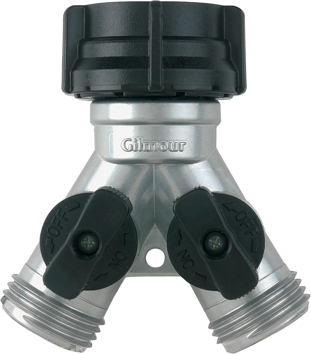 Gilmour Heavy Duty 2 Way Garden Hose Splitter, Dual Water Hose Splitter with Shut Off Valve, Metal Water Manifold | Dual Port Manifold, Shut Off Valves, Durable Metal Construction, Swivel Connect