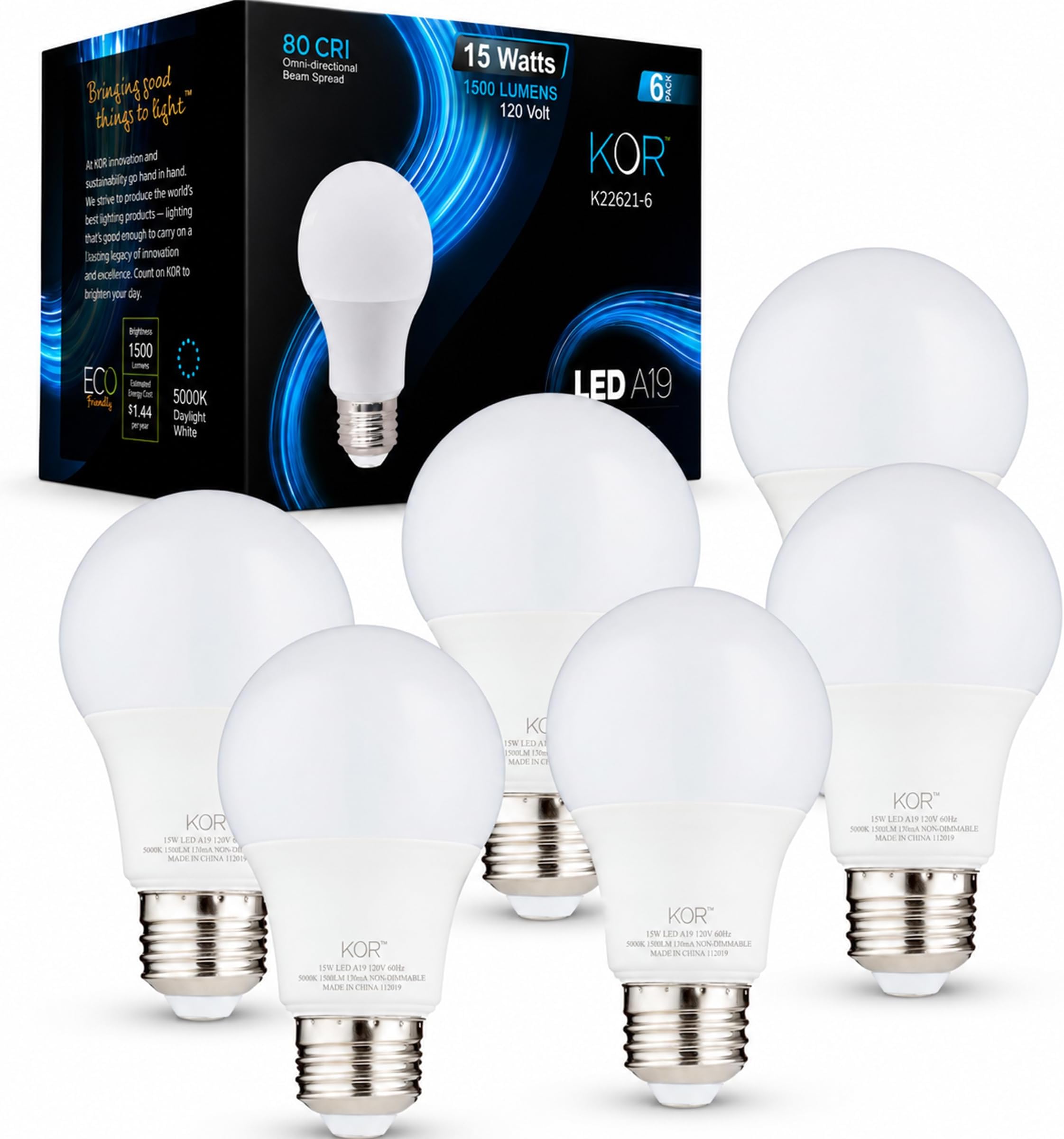 KOR 6 Pack A19 LED Light Bulb, 100W Equivalent, 5000K Bright White, 1500 Lumens, Efficient 15 Watt Replacement Bulbs with E26 Standard Base, 10000 Long Life Hours, Non-Dimmable, 80+ CRI, UL Listed
