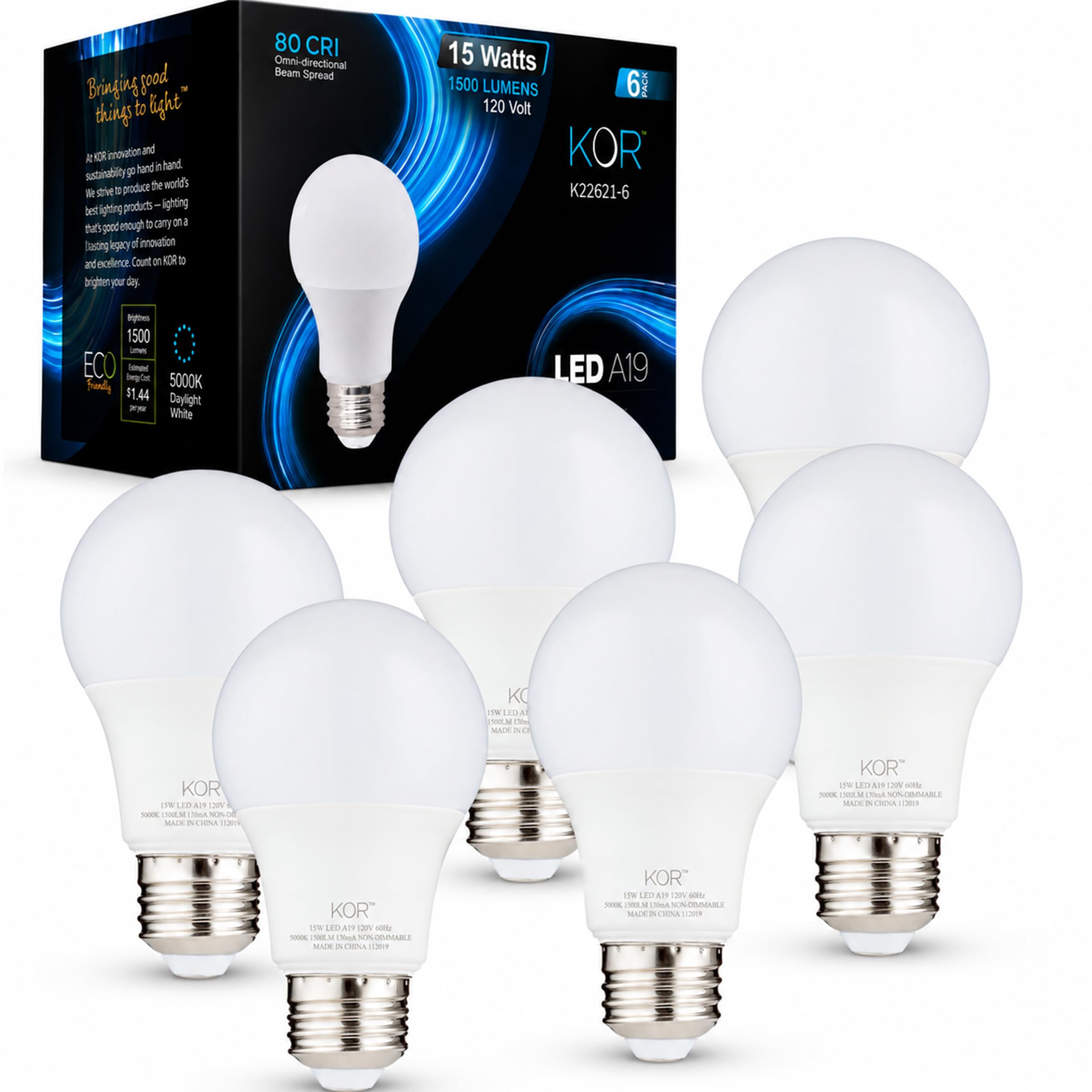 KOR 6 Pack A19 LED Light Bulb, 100W Equivalent, 5000K Bright White