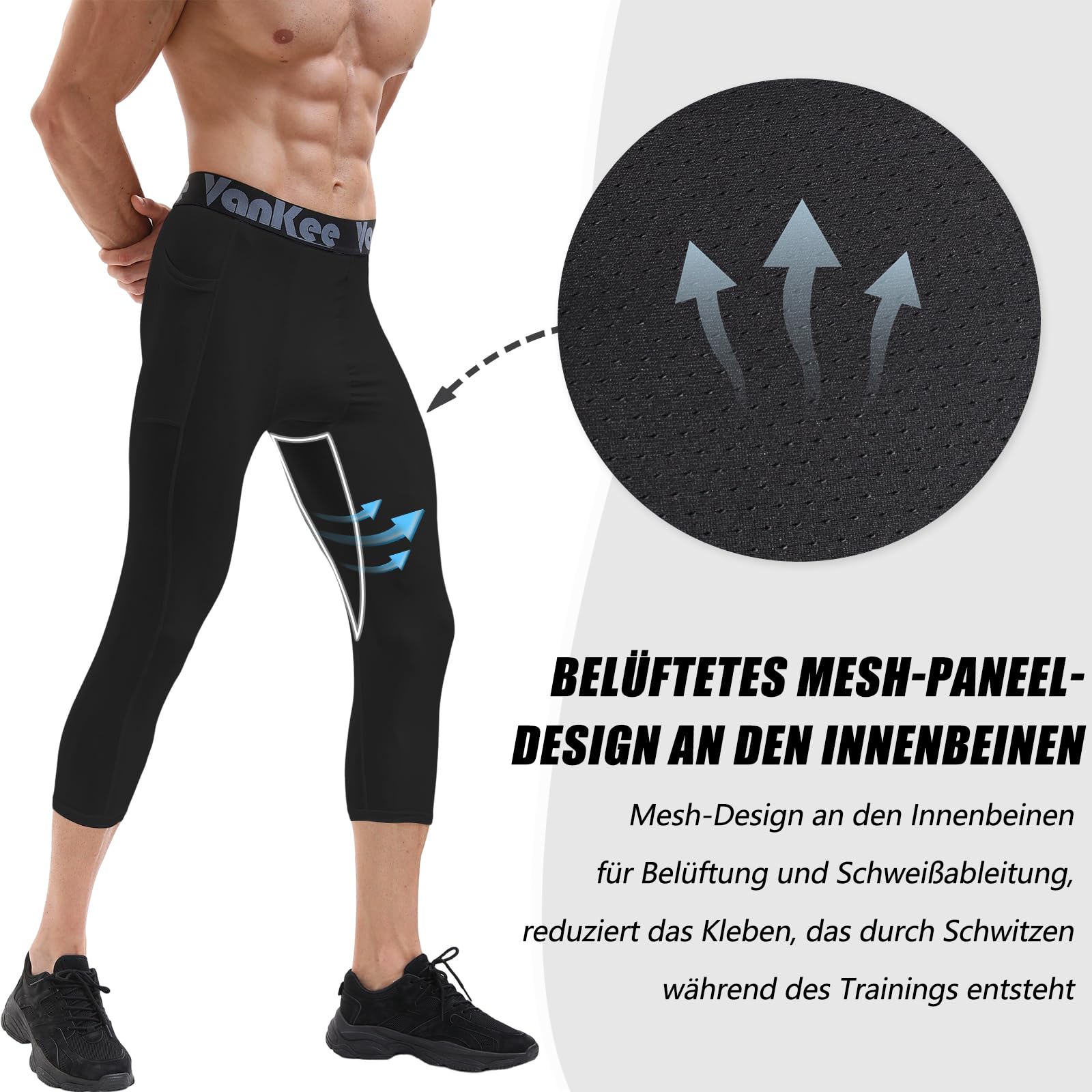 Męskie spodnie kompresyjne 3/4 z kieszeniami Sportowe legginsy do biegania Spodnie fitness Szybkoschnące spodnie do koszykówki Piłka nożna Joga Siłownia
