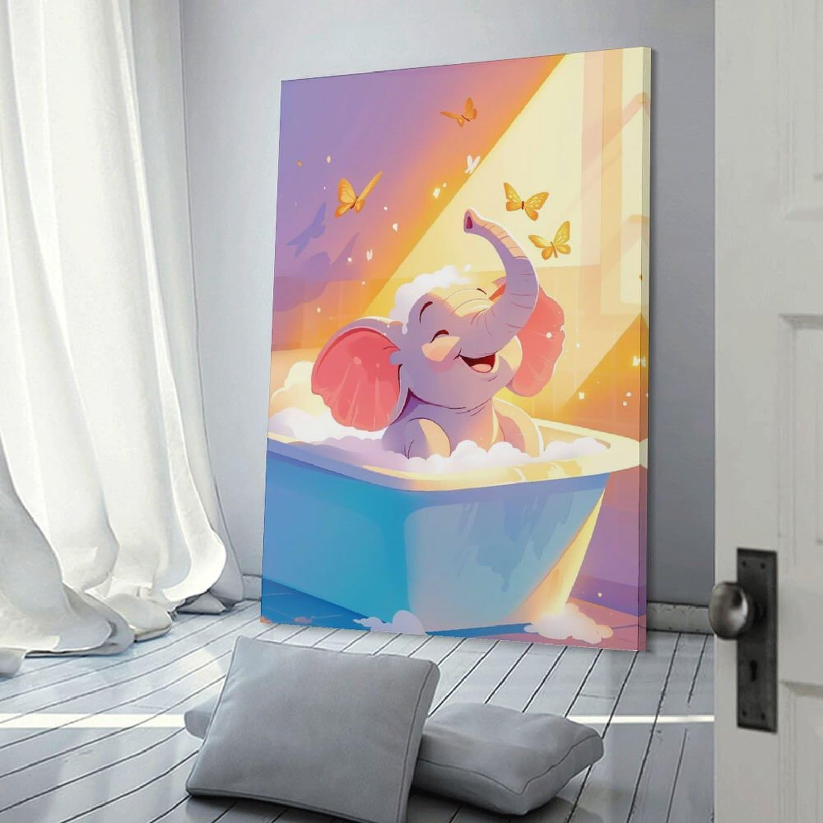Junmoney Frame-Style-1 Wall Decor Canvas Print Its Baby Elephant Bath Time, 20X30inch(50X75cm), For Bedroom, Lounge Or Dressing Area, Stylish Decor For A Restful Room Update