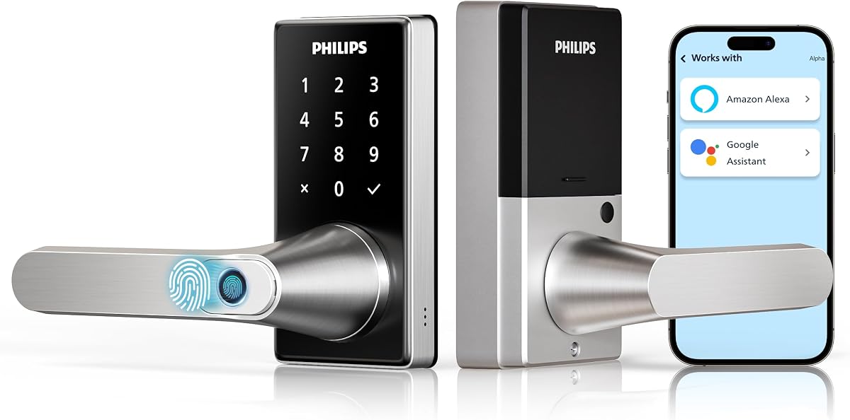 Philips Wi-Fi Smart Door Lock with Handle, Keyless Entry Door Lock, Fingerprint Door Knob, App Remote Control, Auto-Lock, Keypad Deadbolt with Lever for Front Door and Bedrooms, Security Easy Install