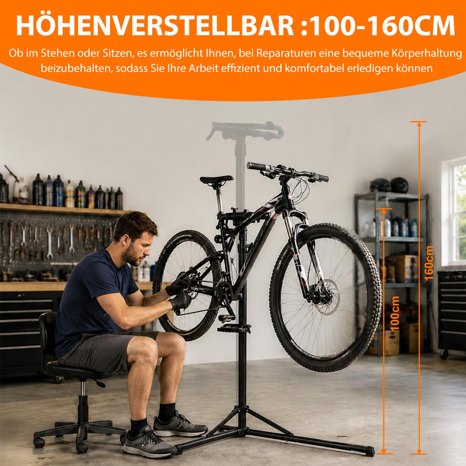 TEOV Fahrrad Montageständer Aluminium, Belastbarkeit 50kg & 360° drehbar, 100-160cm höhenverstellbar, klappbarer Profi-Reparaturständer mit Werkzeugtasche für Ø 2.5~5 cm E-Bike Mountainbike Citybike