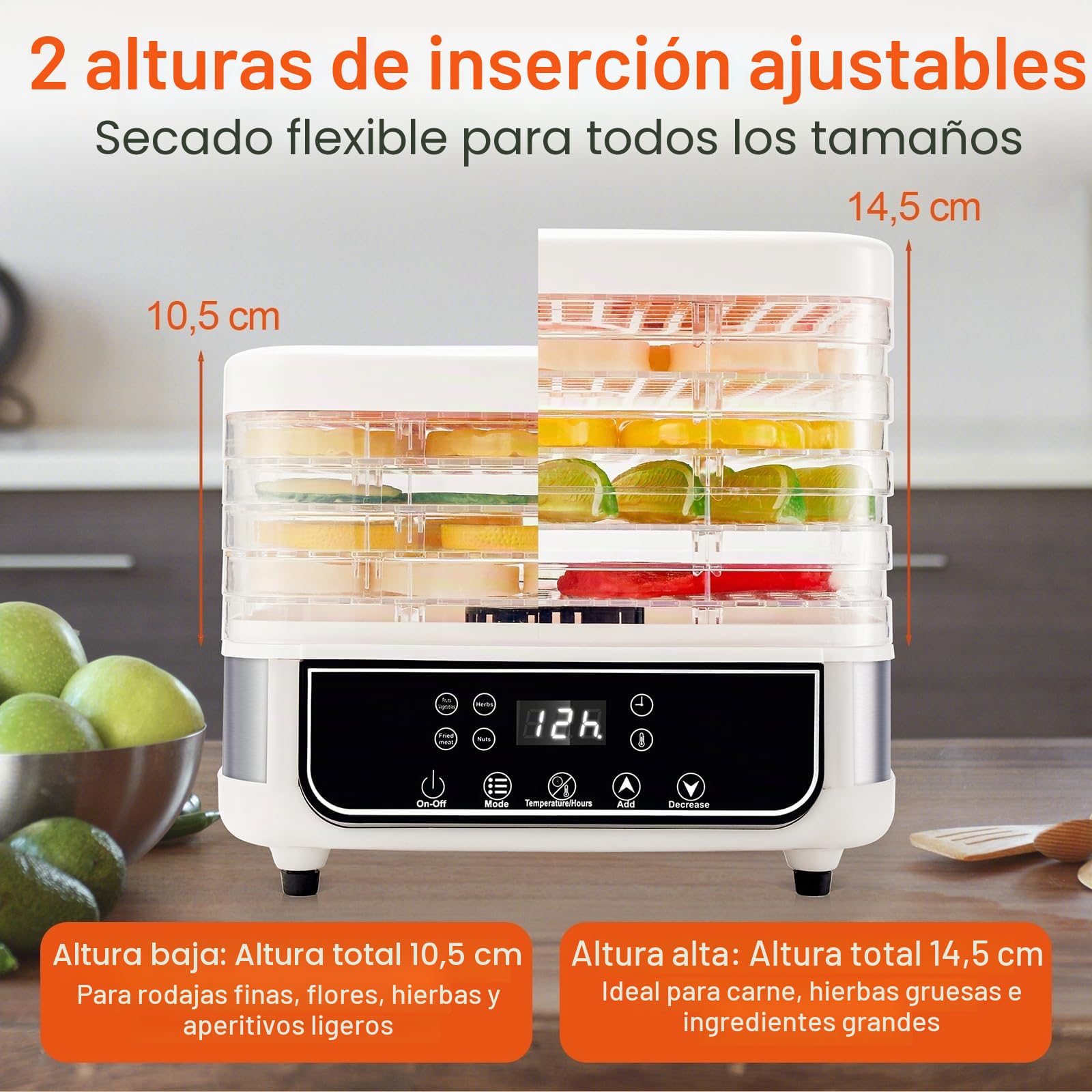 Deshidratador de 5 capas Smart Touch, secador visual de alimentos con temporizador de 72 horas, temperatura ajustable de 35 a 70 °C e indicador LED para secar frutas, verduras, carnes