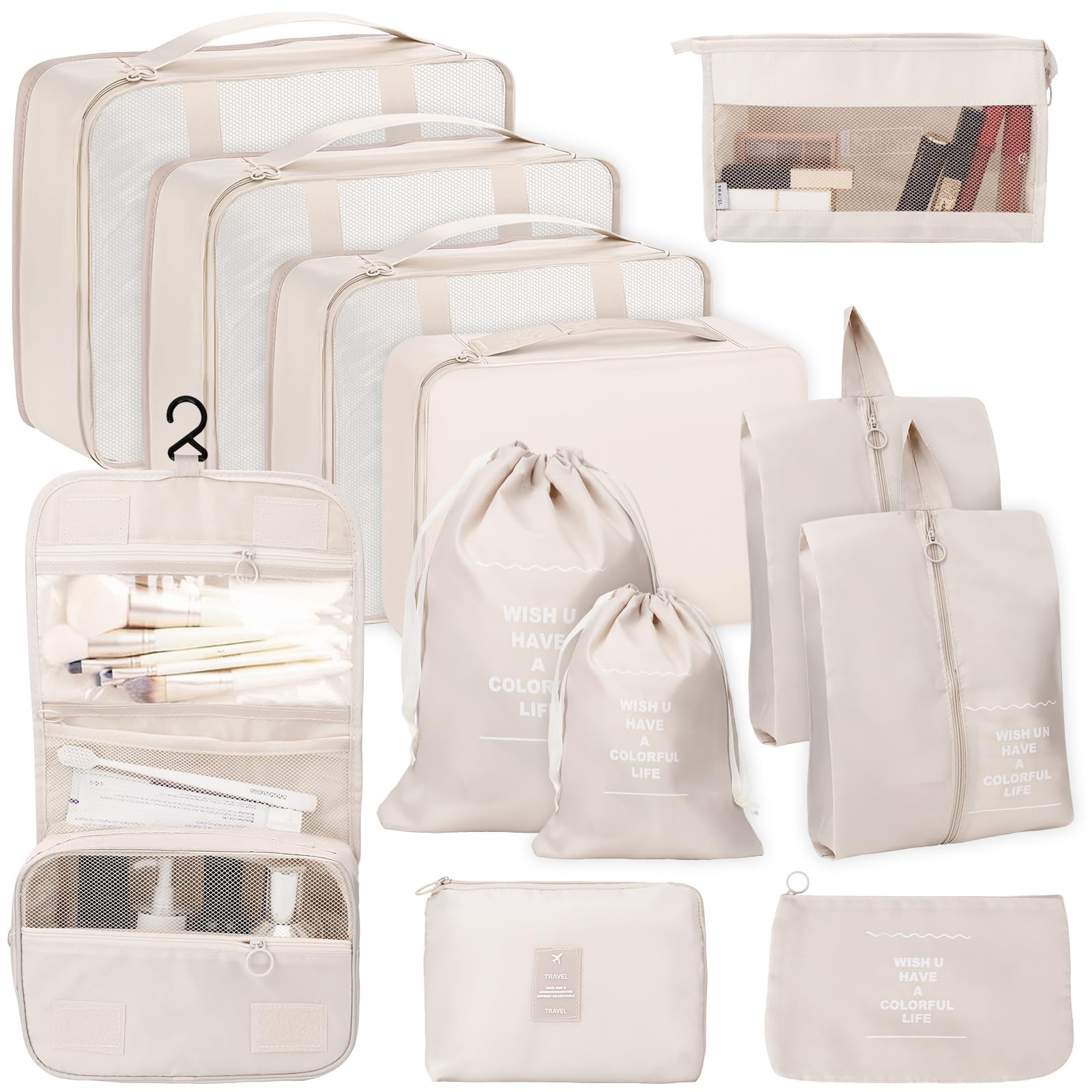 Sac Rangement Valise 12 Pièces – Organisateur Valise Imperméables avec Sacs à Vêtements,Sacs à Chaussures,Trousse de Toilette,etc.| Beige | Gain de Place pour Vacances et Voyages d’Affaires